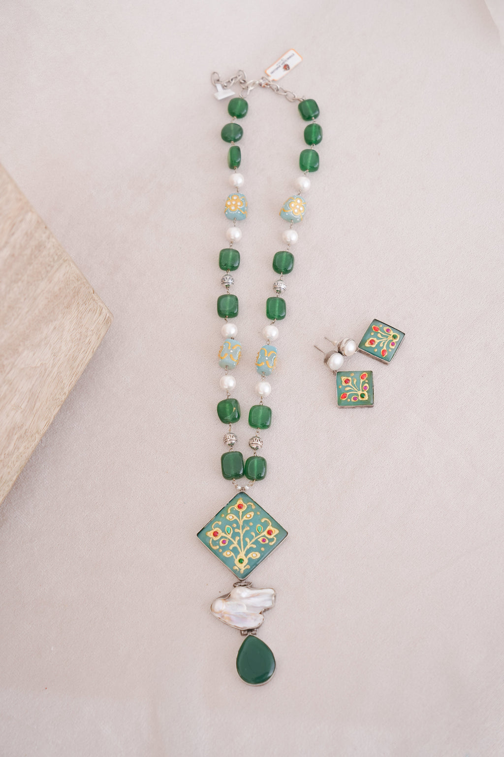 Handpainted Beads & Pearls Pendant Necklace & Earrings Set