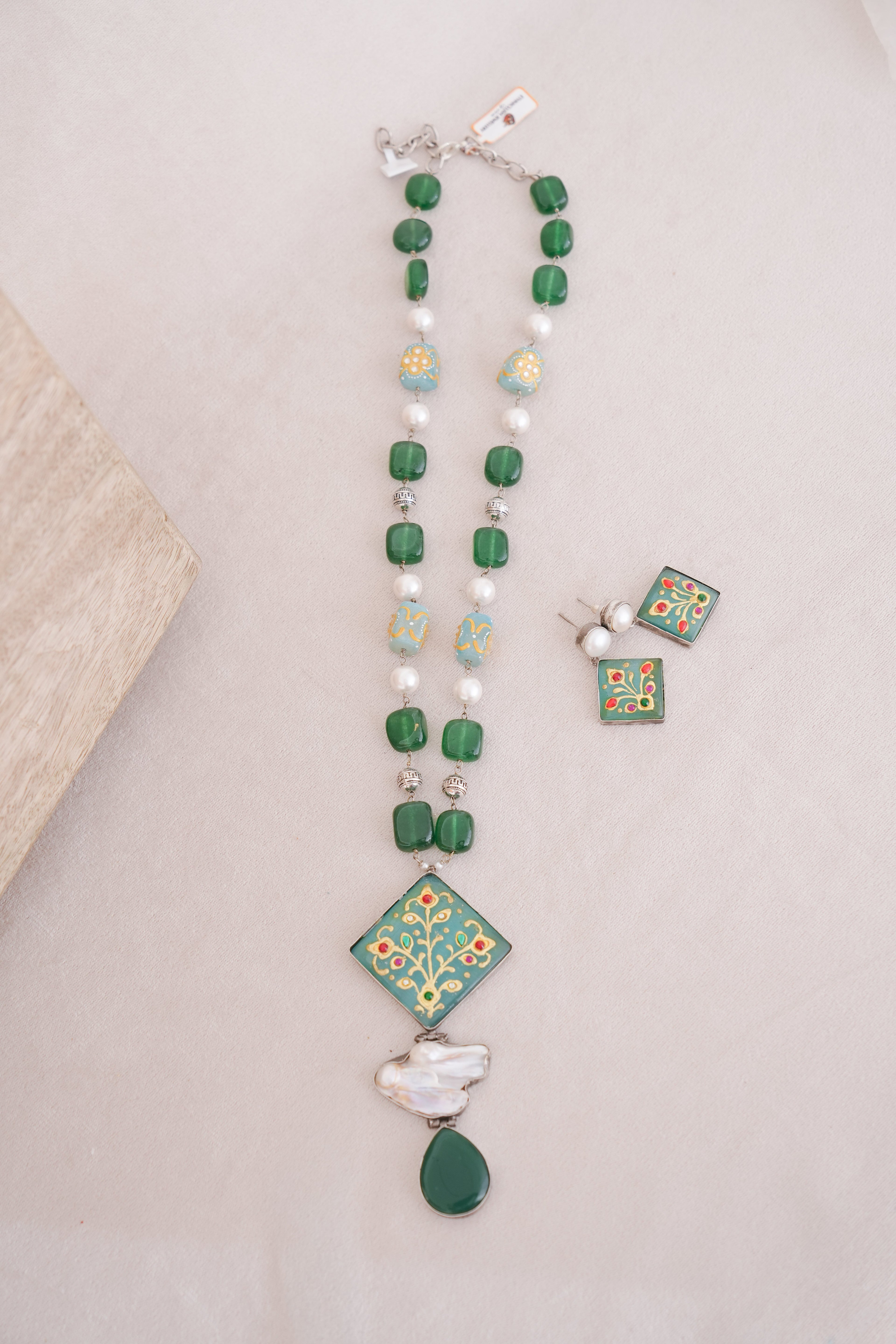 Handpainted Beads & Pearls Pendant Necklace & Earrings Set