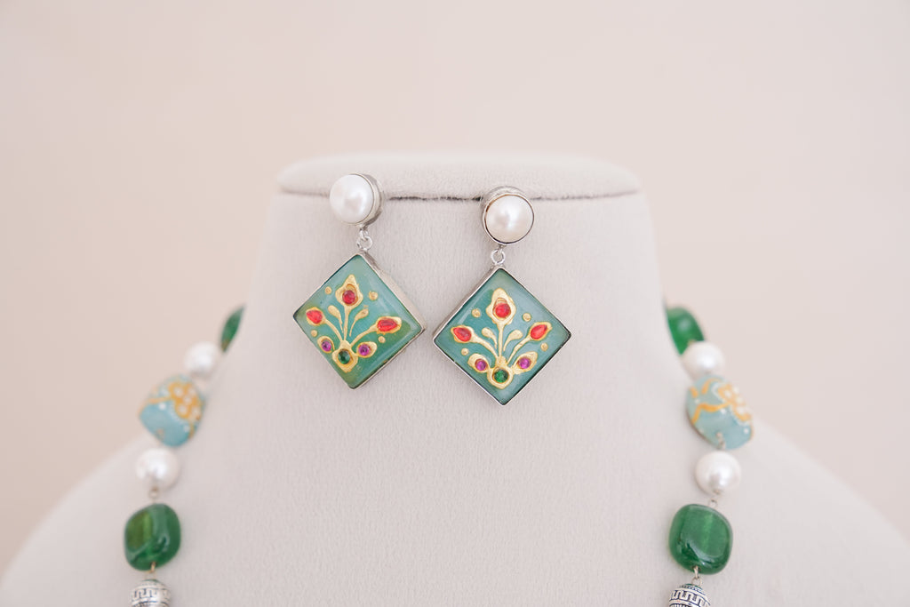 Handpainted Beads & Pearls Pendant Necklace & Earrings Set