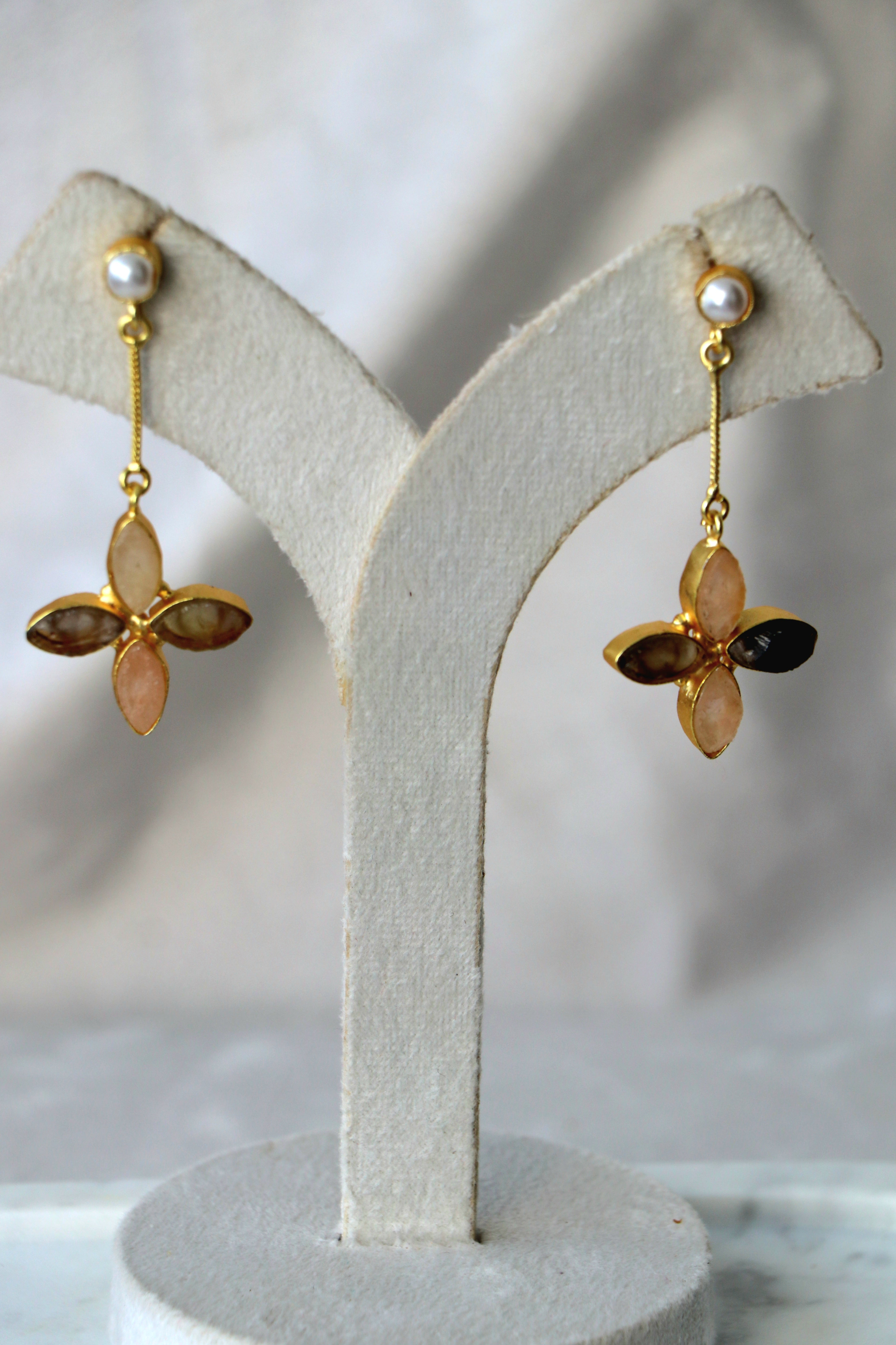 Floral Gemstone Pearl Drop Earrings