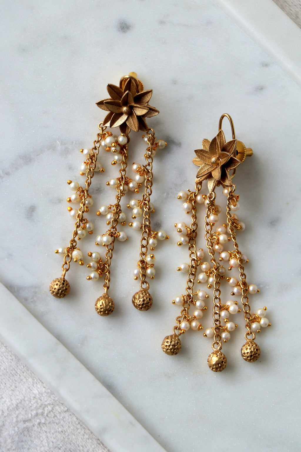 Gilded Flower Pearl Dangle Earrings