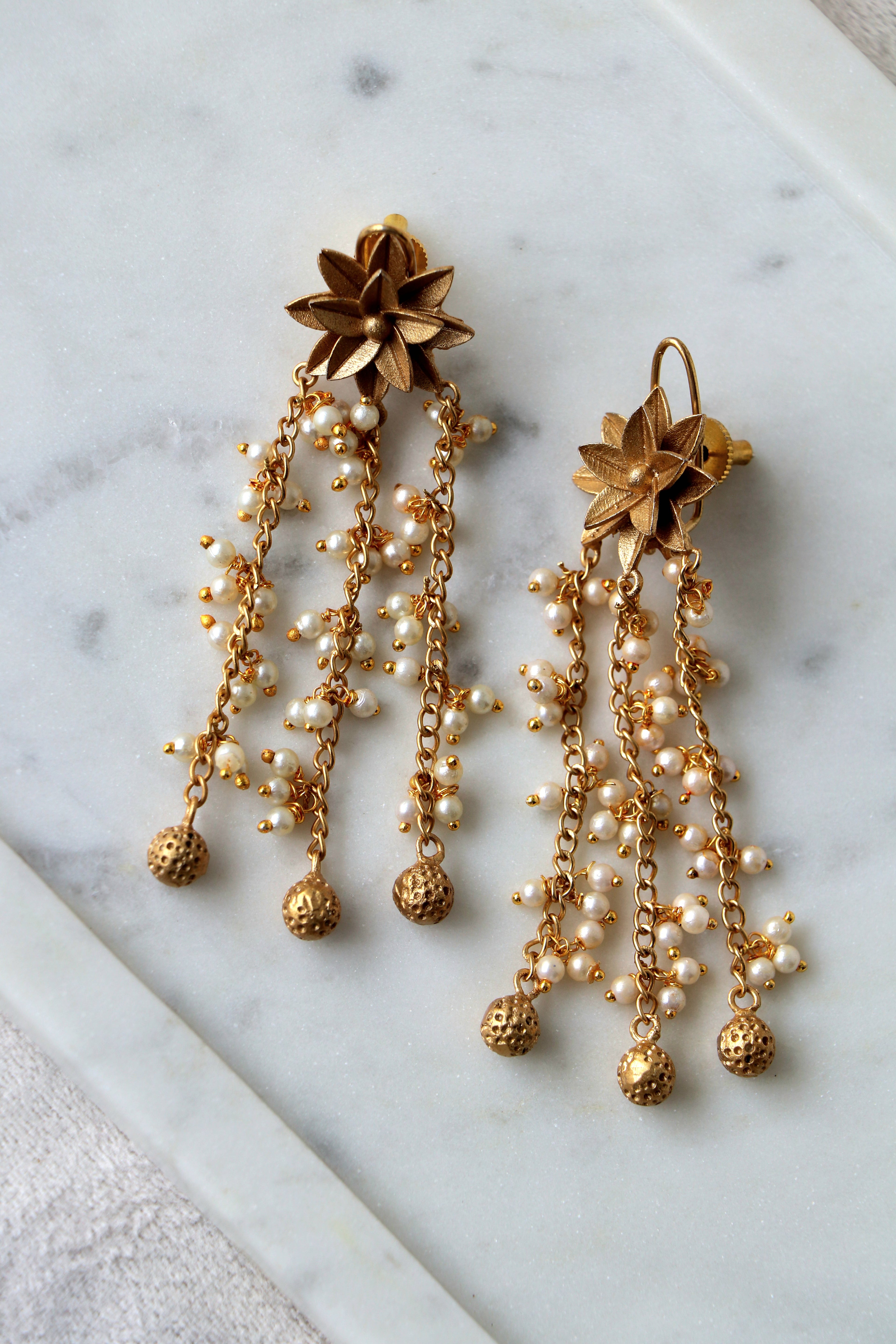 Gilded Bloom Pearl Dangle Earrings