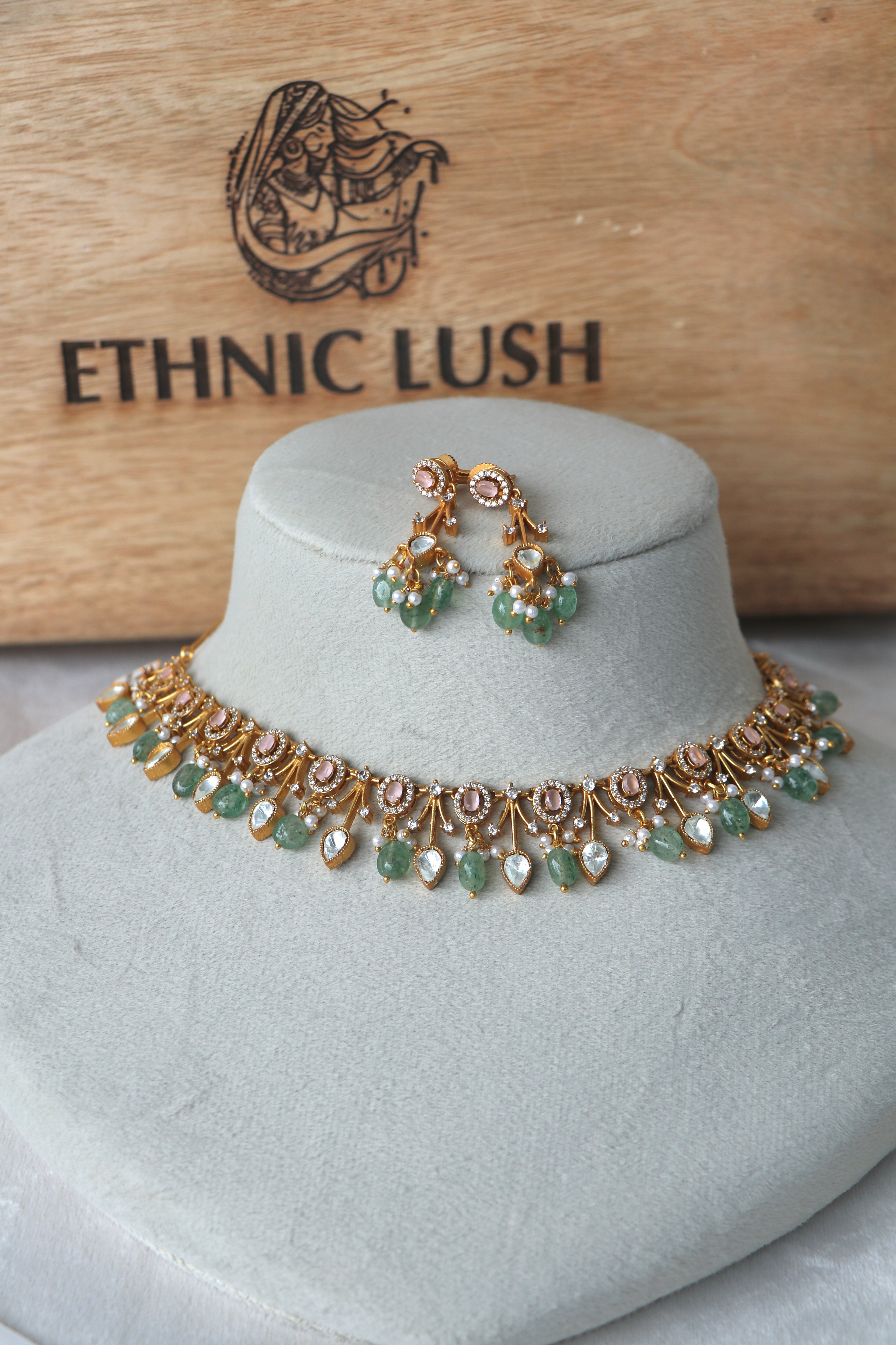 Gold Plated Green Pink stone Necklace Set