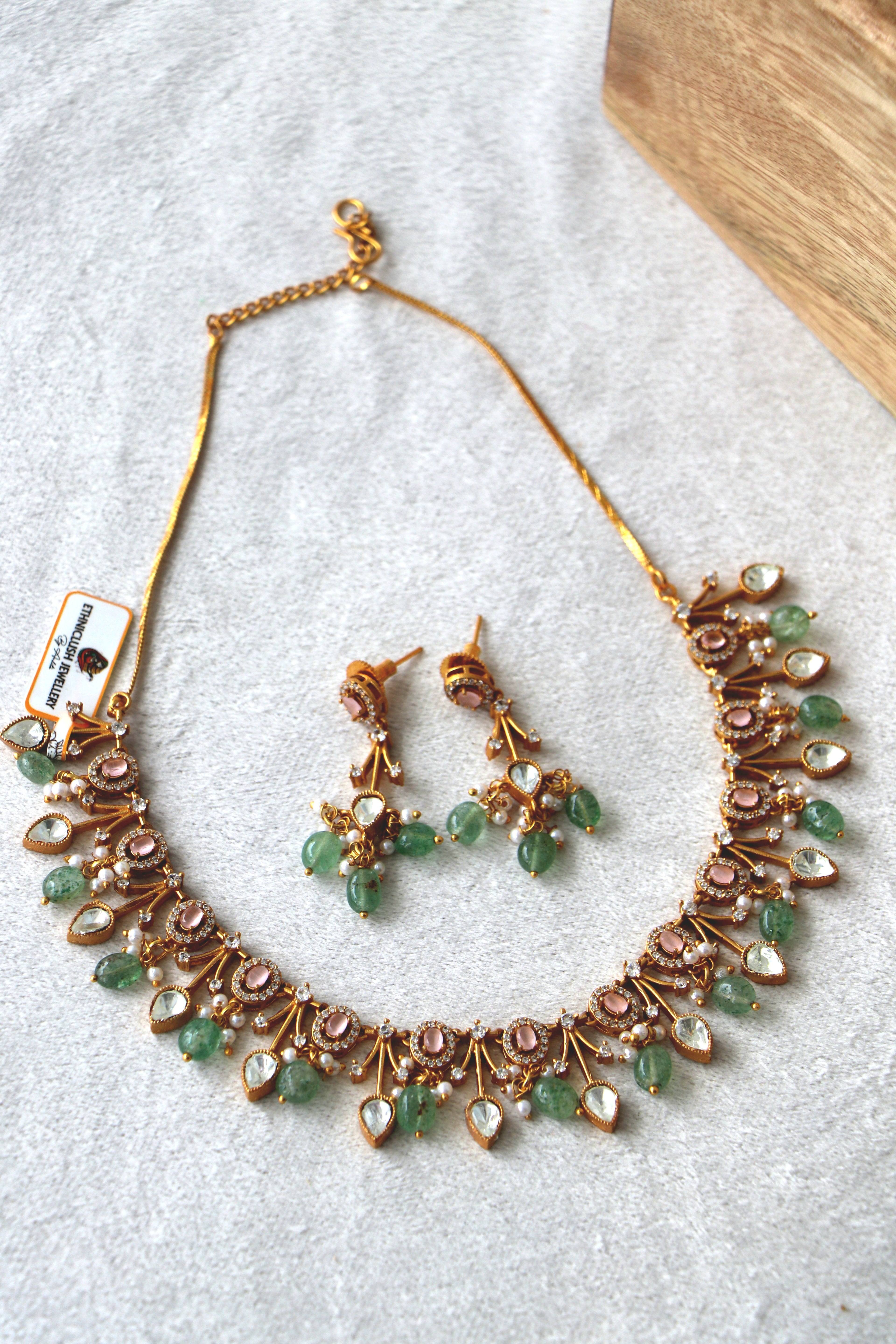 Gold Plated Green Pink stone Necklace Set