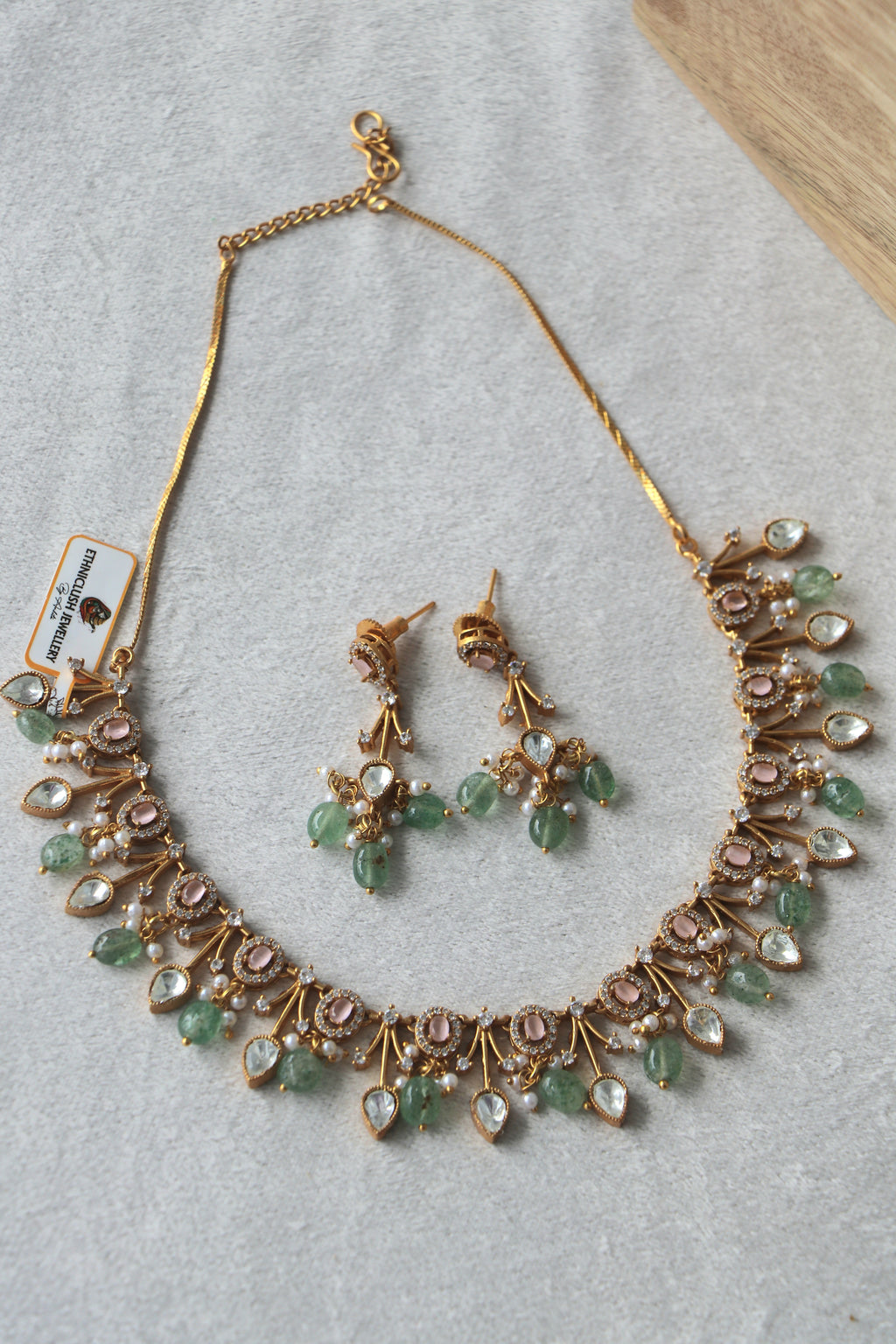 Gold Plated Green Pink stone Necklace Set