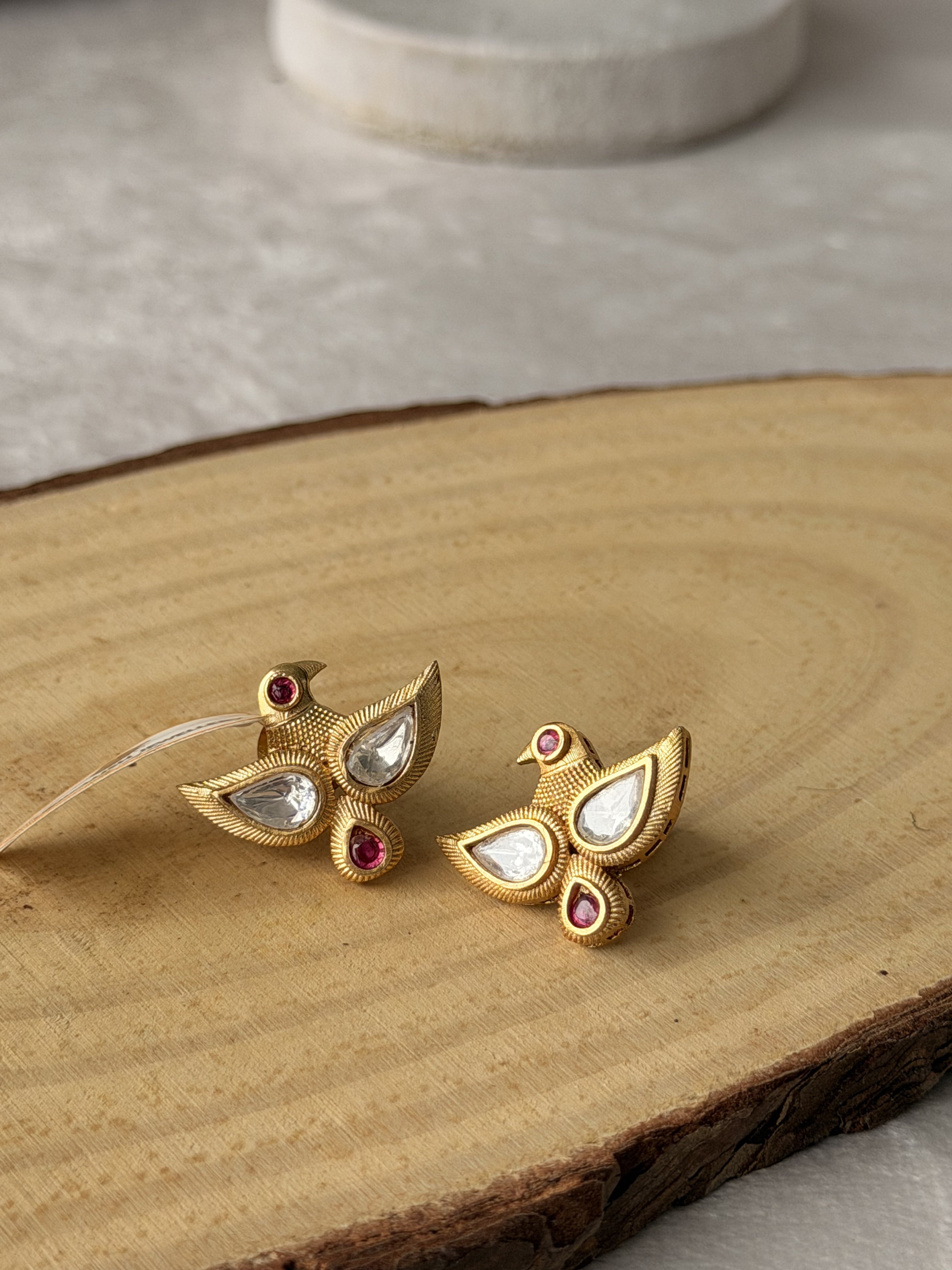 Gold Bird Earrings With Ruby  Diamond Accents