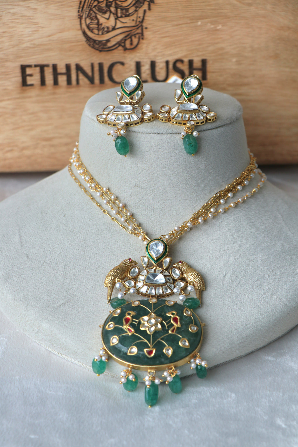 Green Stone Inlay work Bird Motif Necklace Set