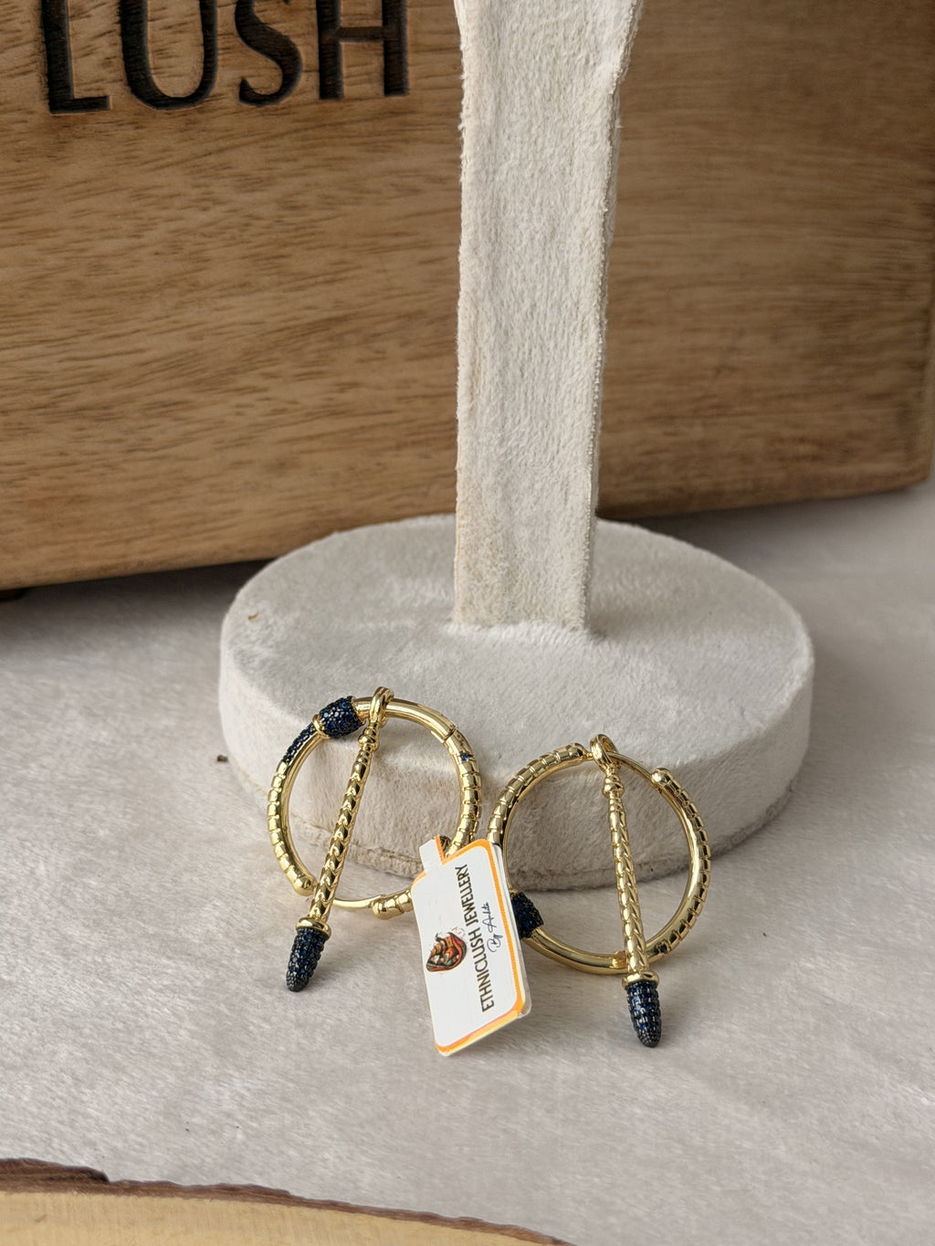 Gold Blue Stone Tribal Hoop Earrings