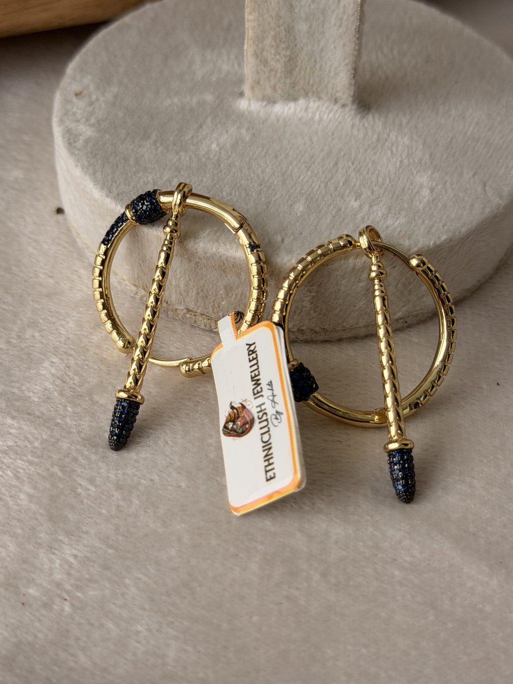 Gold Blue Stone Tribal Hoop Earrings