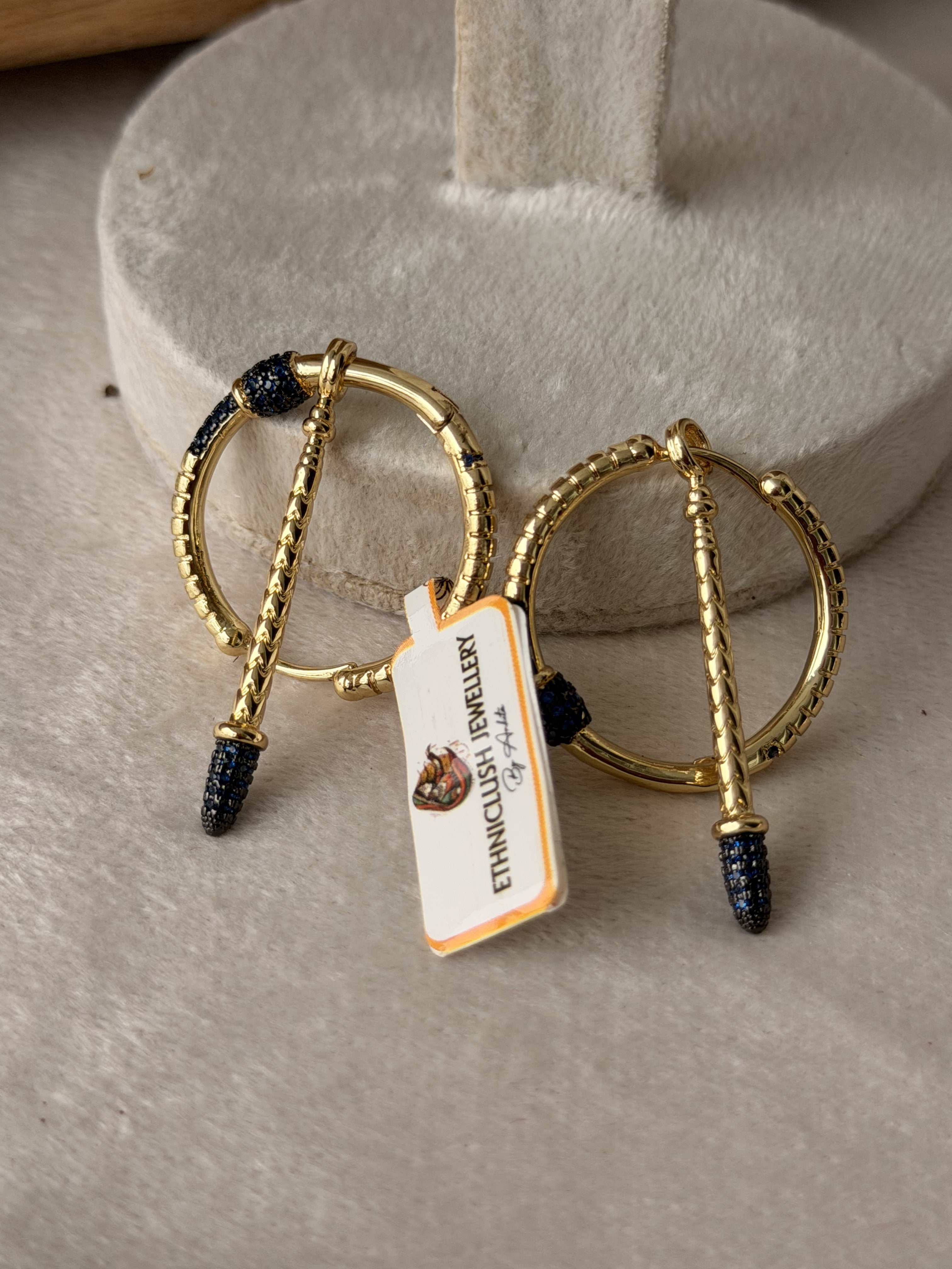 Gold Blue Stone Tribal Hoop Earrings