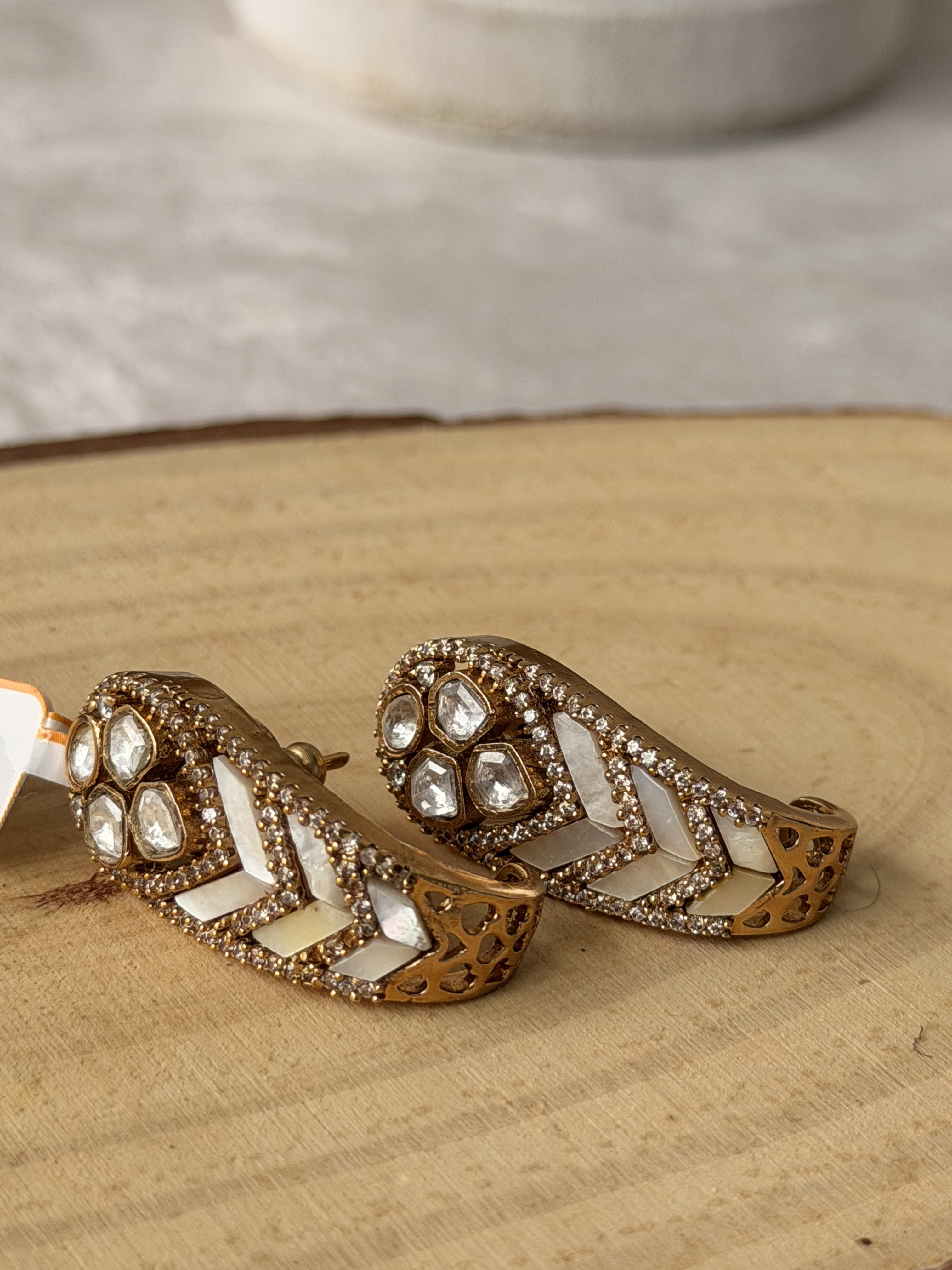 Gold Chevron Mother Of Pearl Diamond Earrings