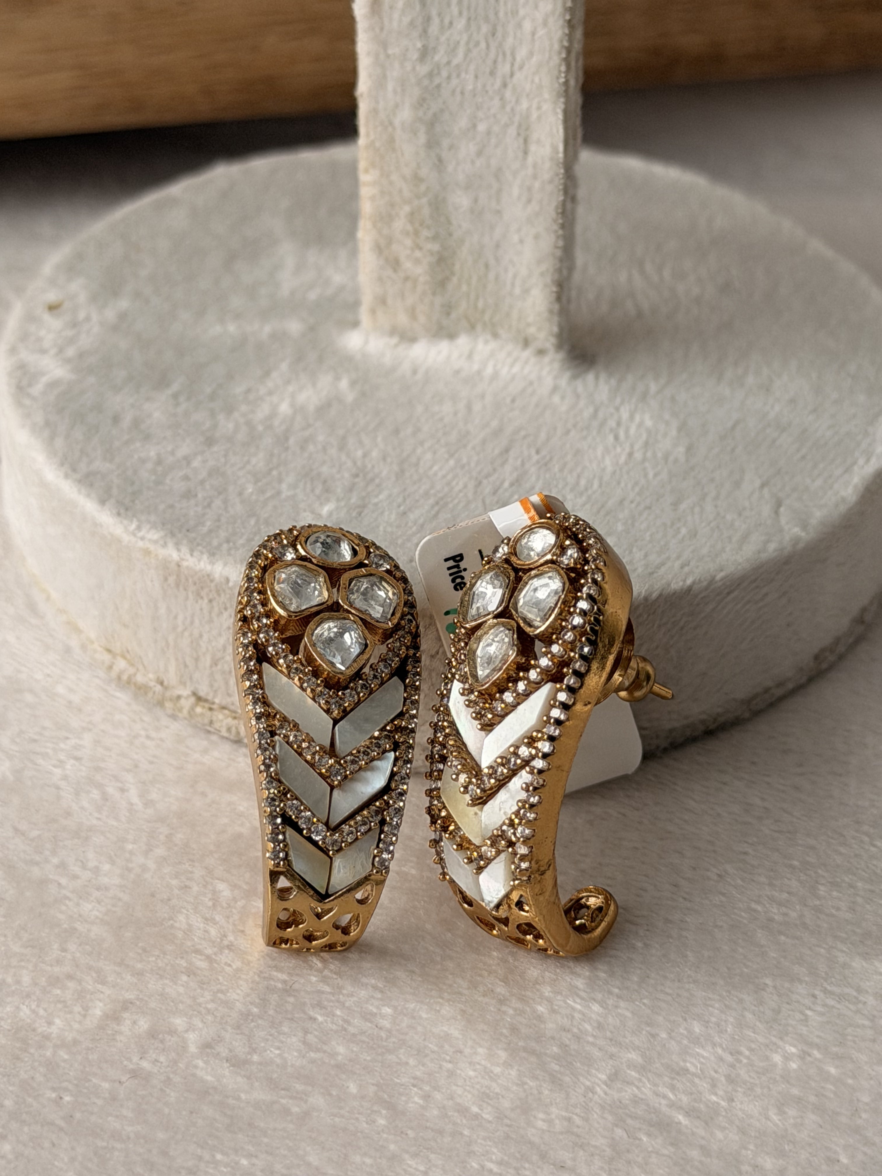 Gold Chevron Mother Of Pearl Diamond Earrings