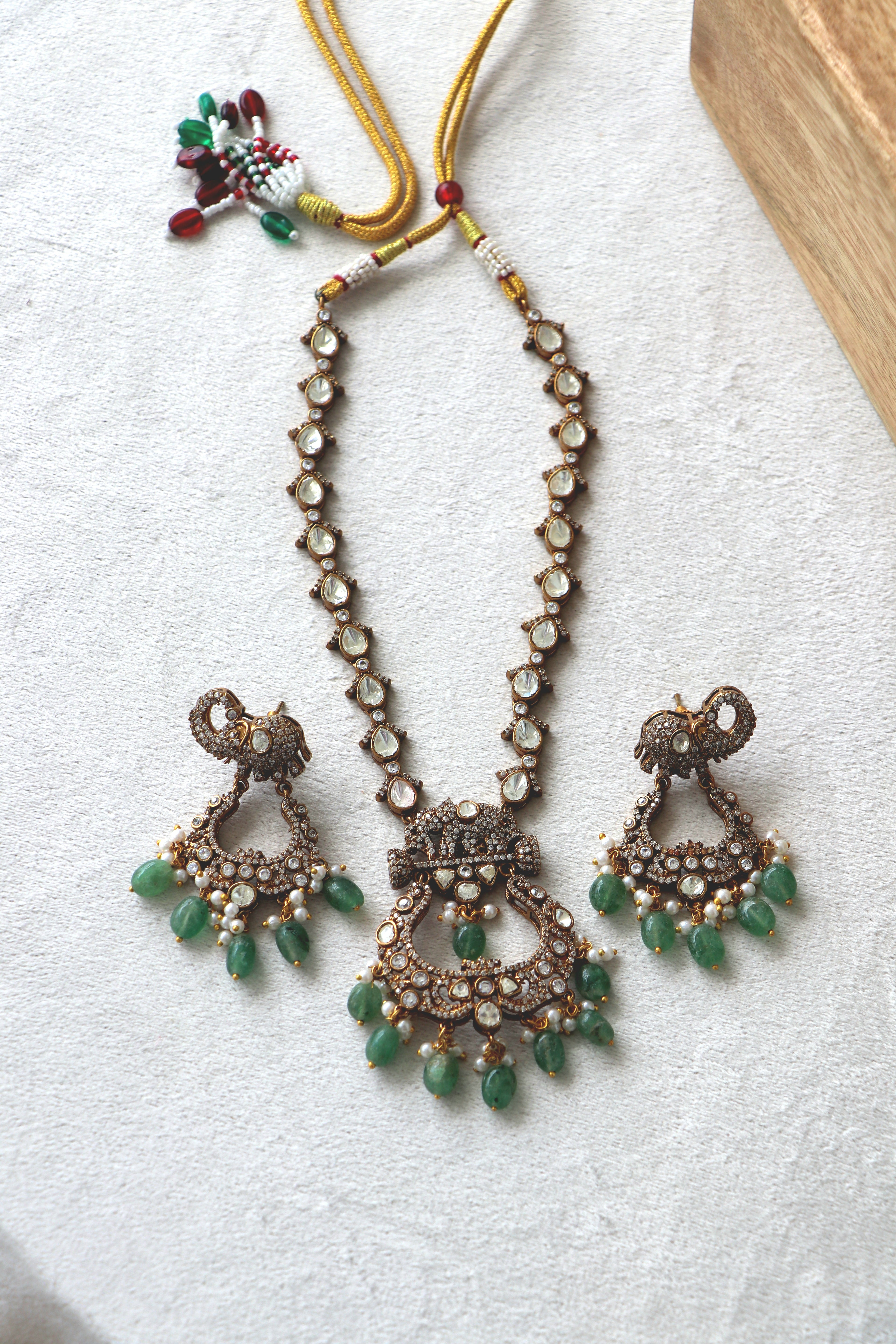 Antique Elephant Motif Emerald  Pearl Necklace Set