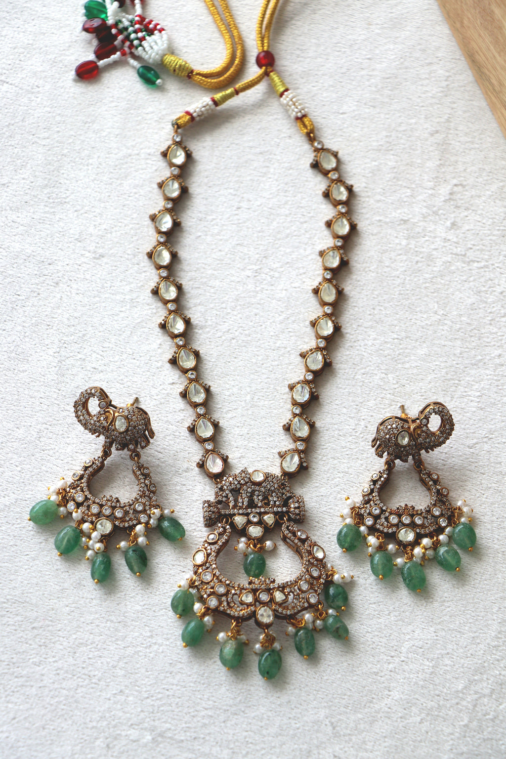 Antique Elephant Motif Emerald  Pearl Necklace Set