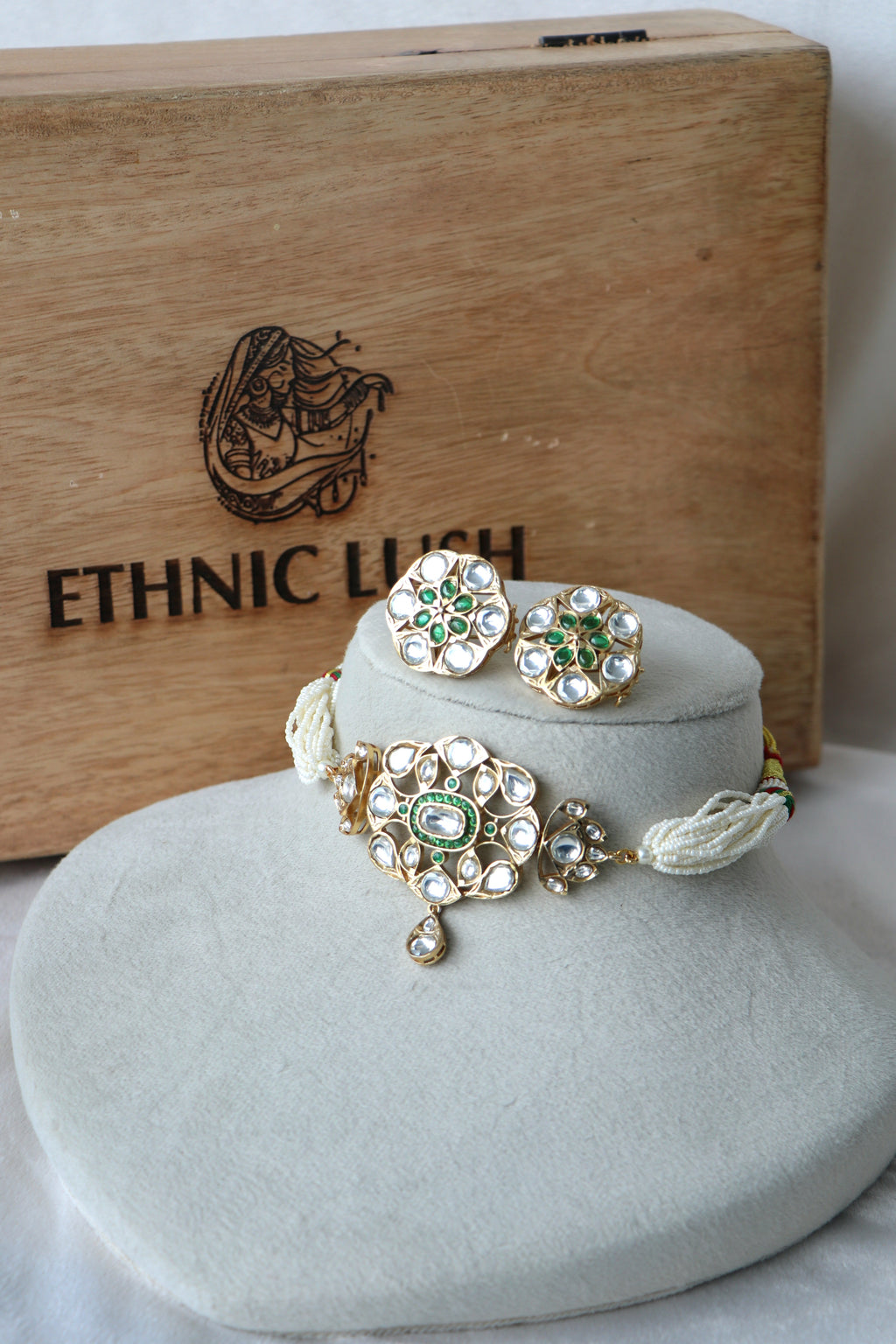 Gold Kundan Pearl Choker Necklace With Earrings