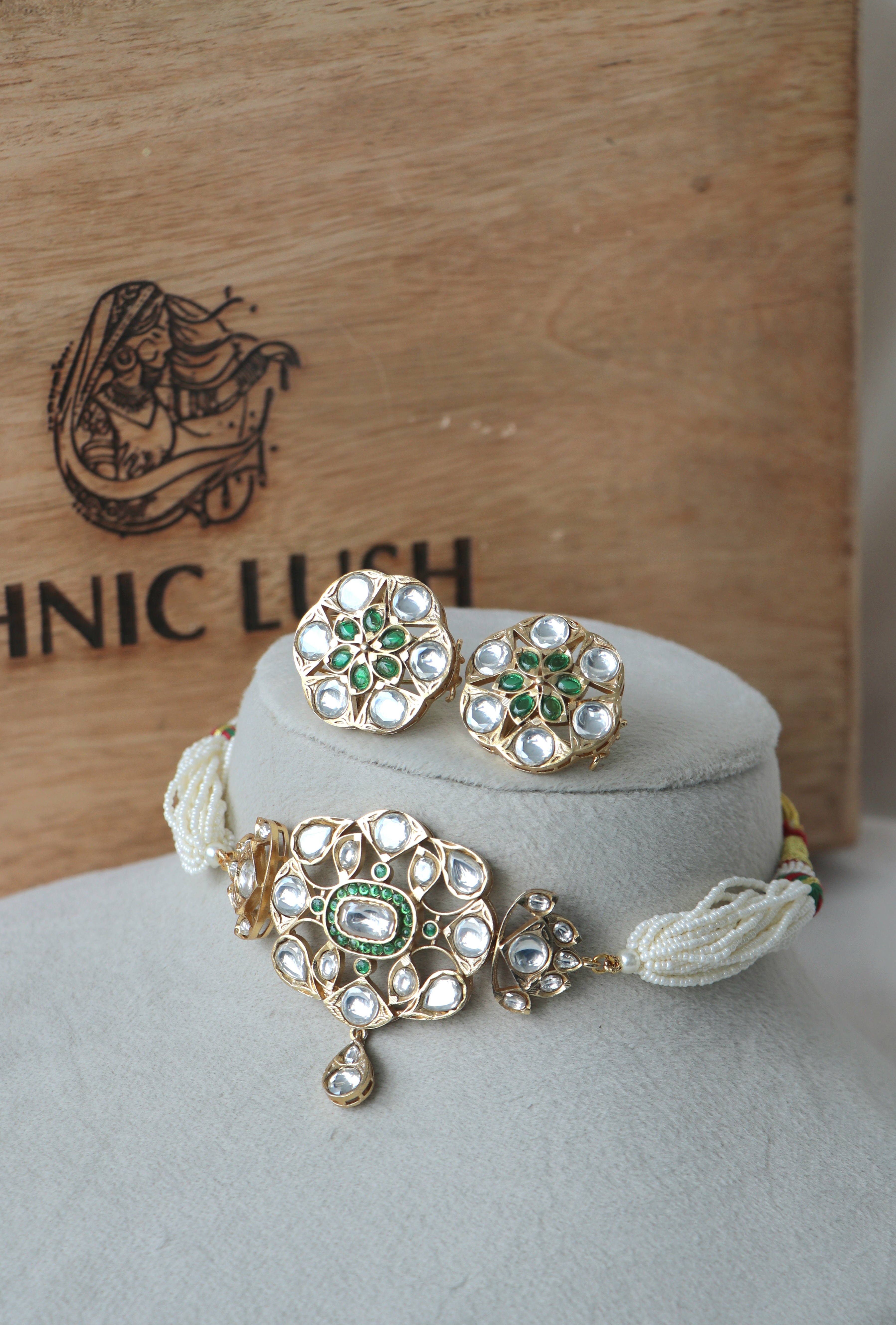 Gold Kundan Pearl Choker Necklace With Earrings