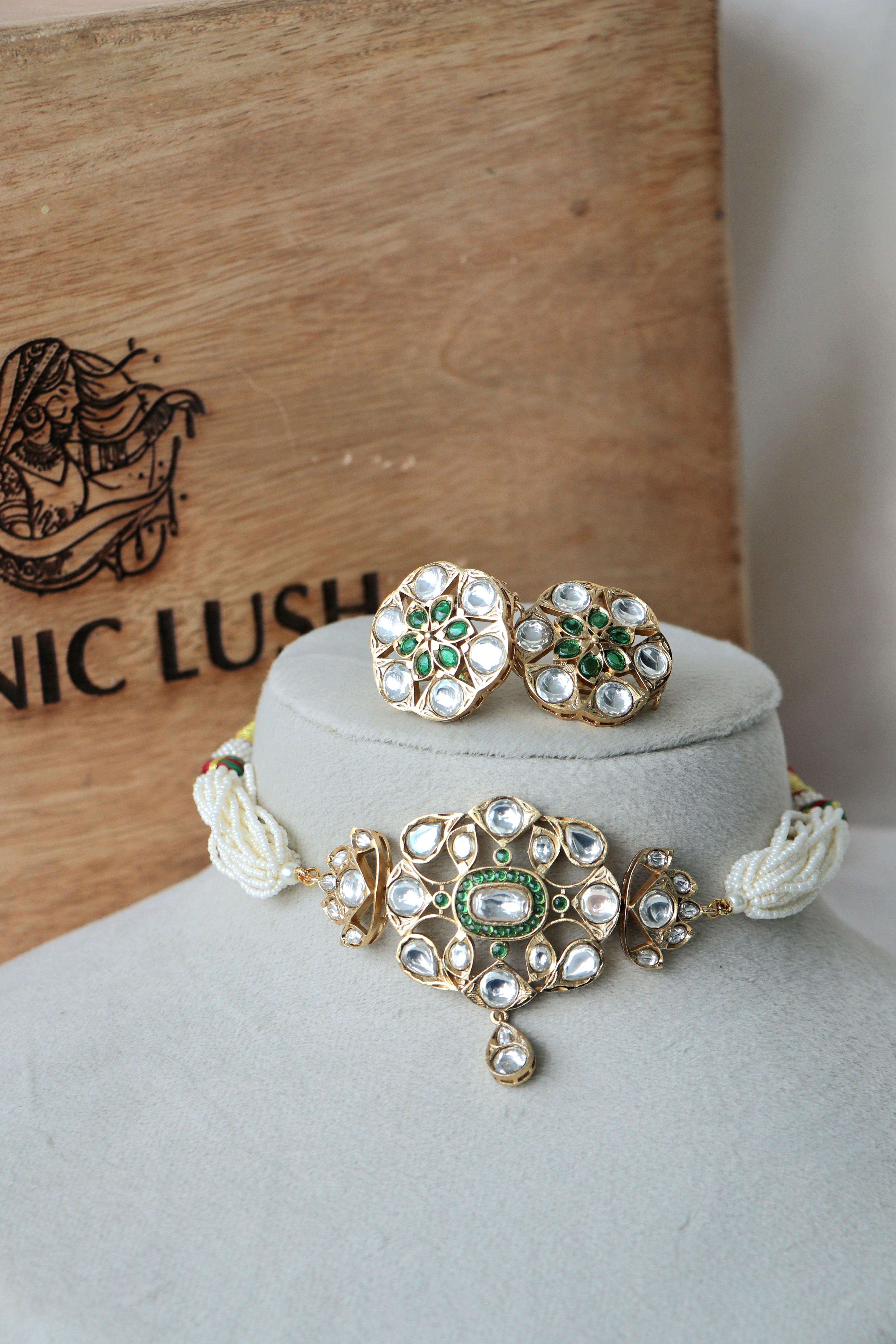 Gold Kundan Pearl Choker Necklace With Earrings