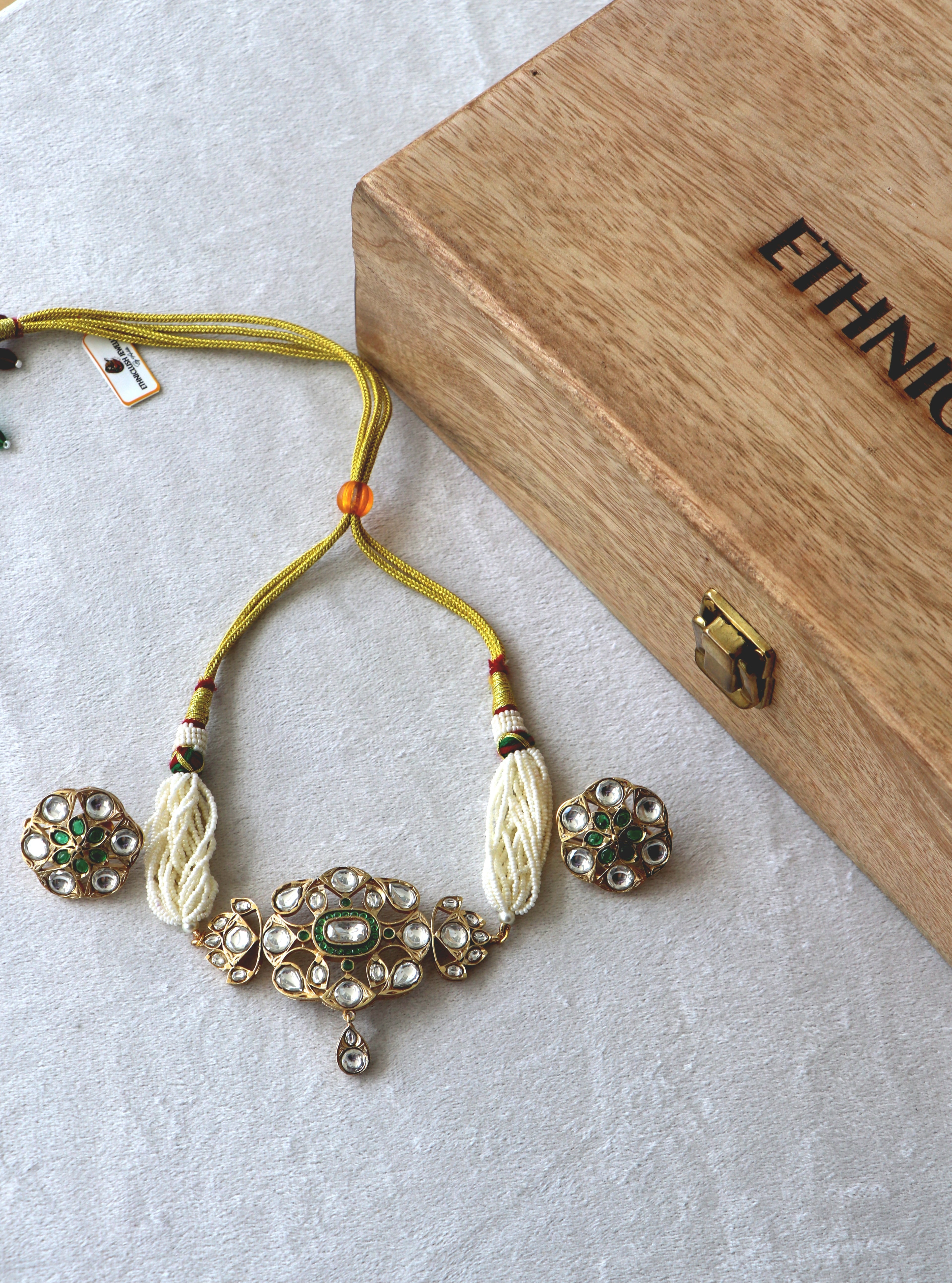 Gold Kundan Pearl Choker Necklace With Earrings