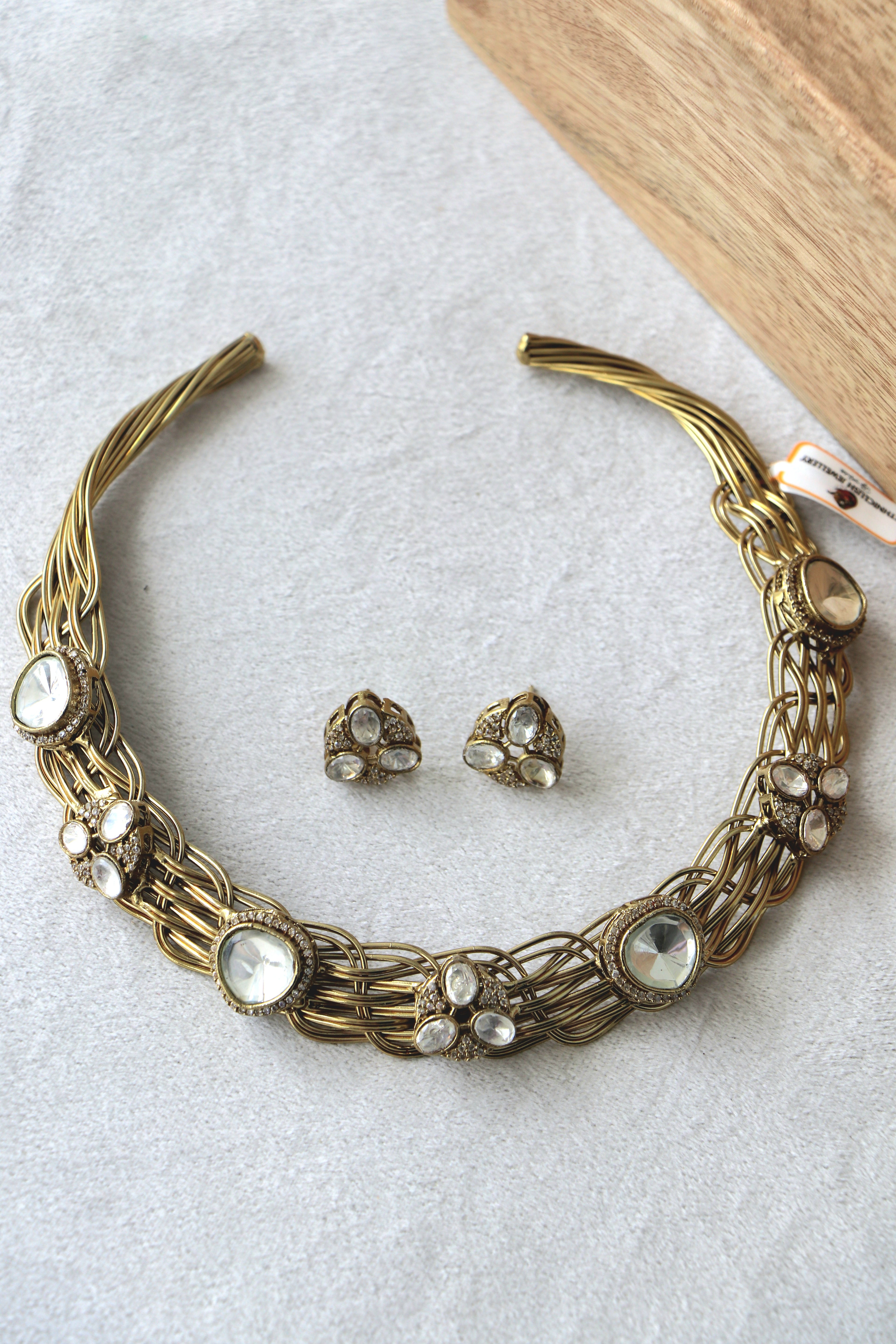 Gold Mesh Polki Necklace  Earring Set