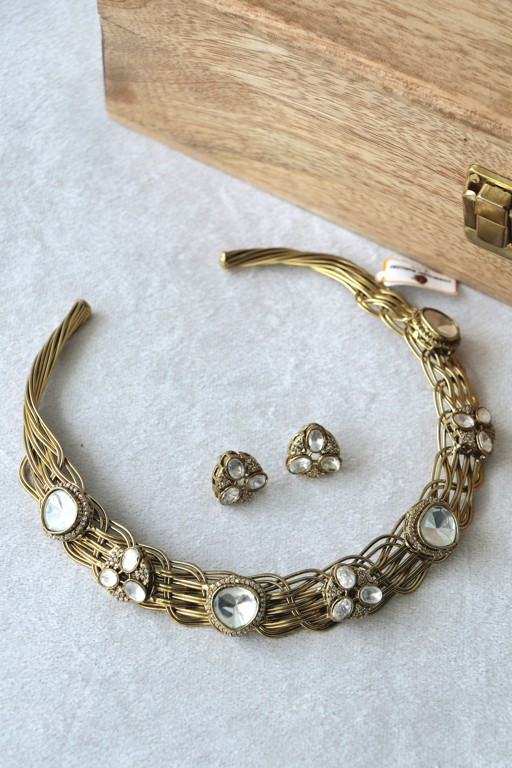Gold Mesh Polki Necklace  Earring Set
