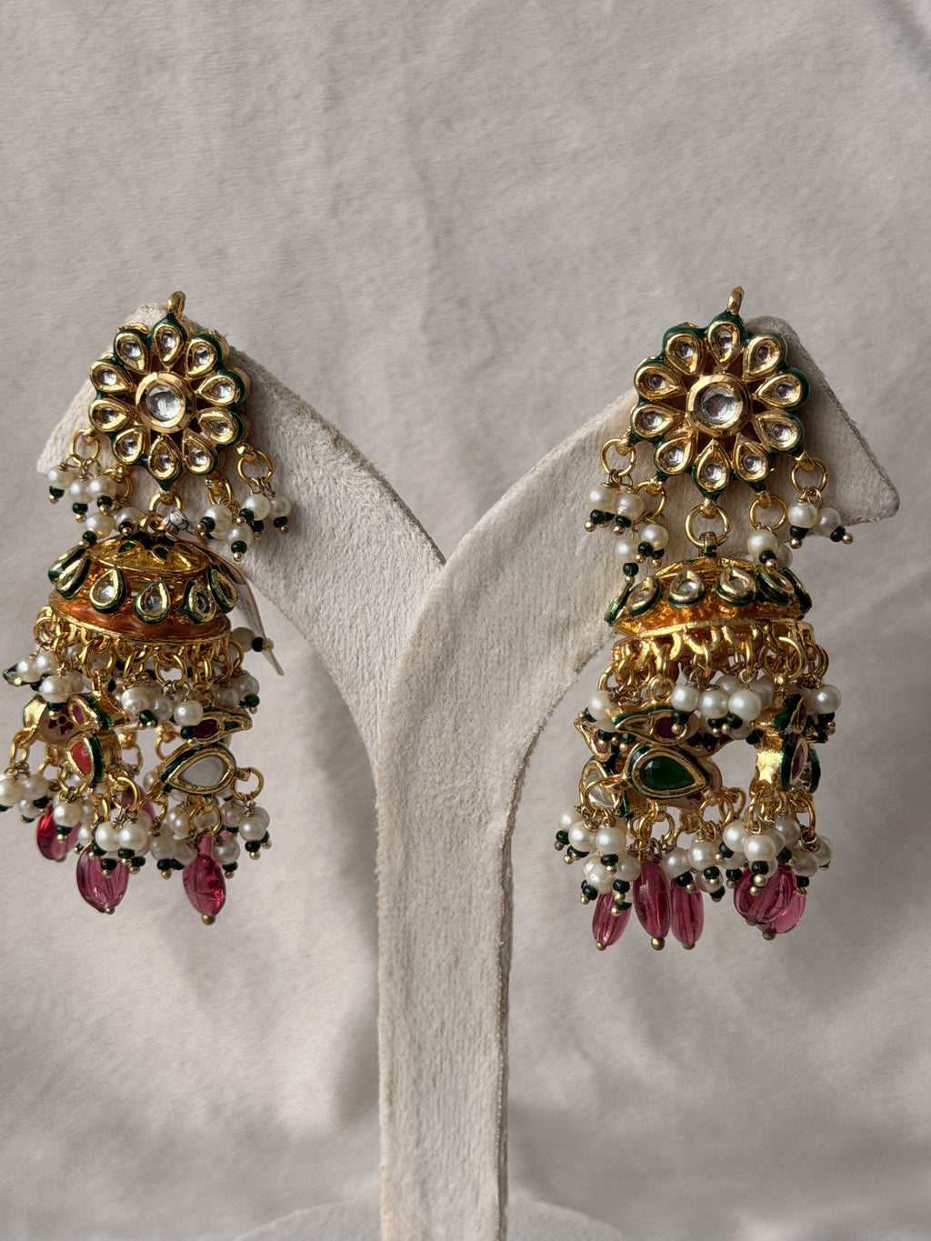Gold Pearl  Ruby Jhumka Earrings