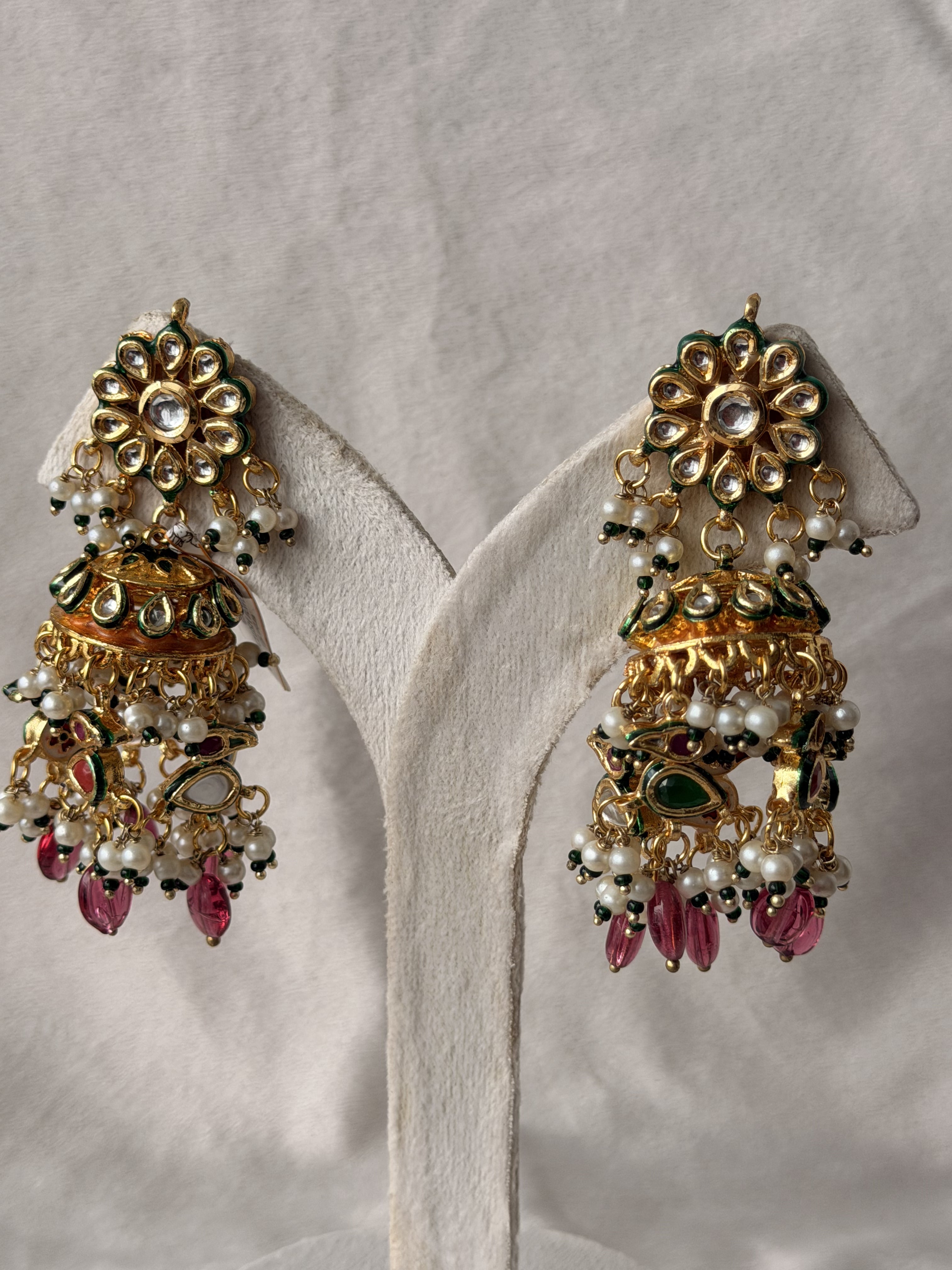 Gold Pearl  Ruby Jhumka Earrings