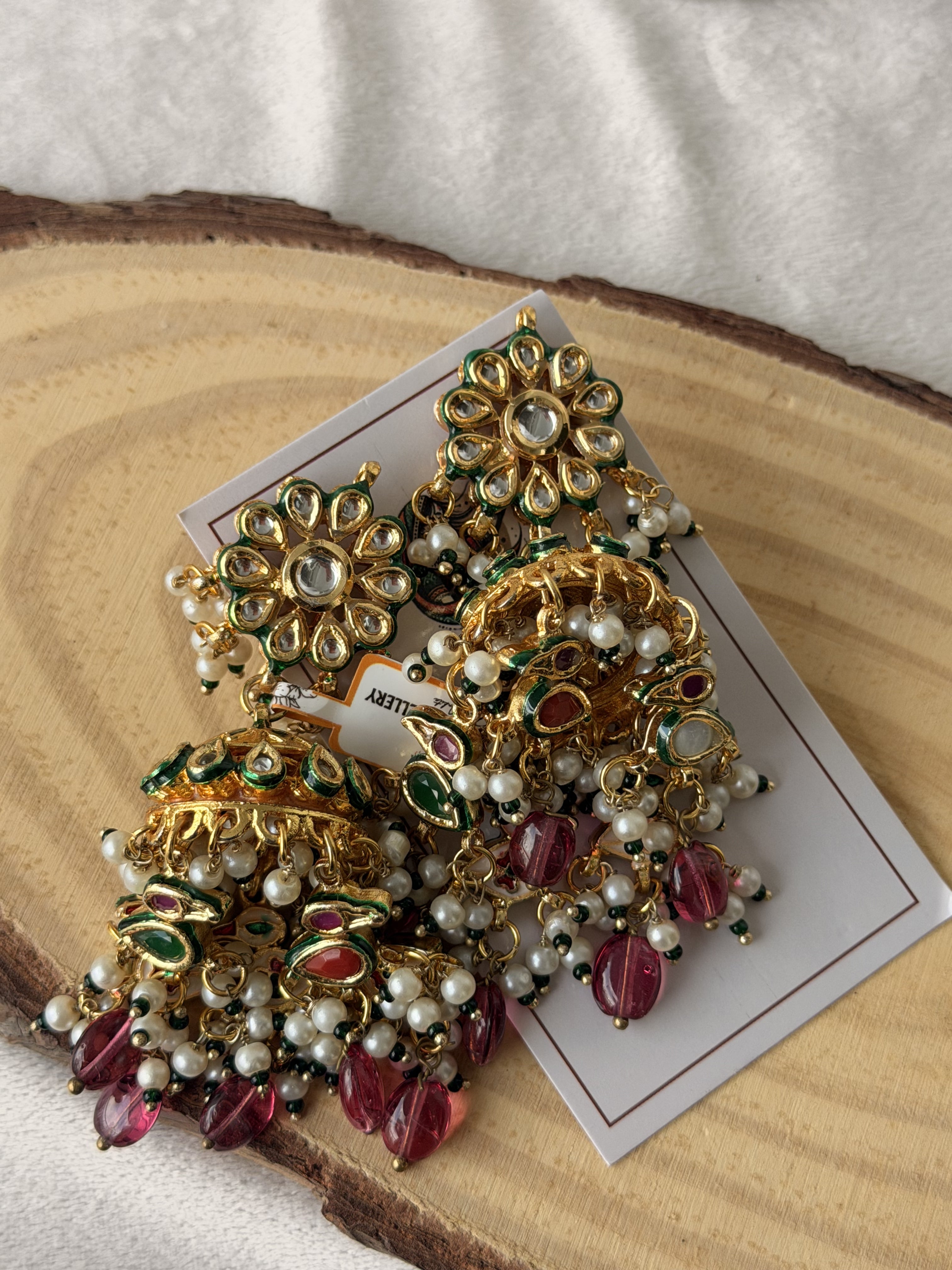 Gold Pearl  Ruby Jhumka Earrings