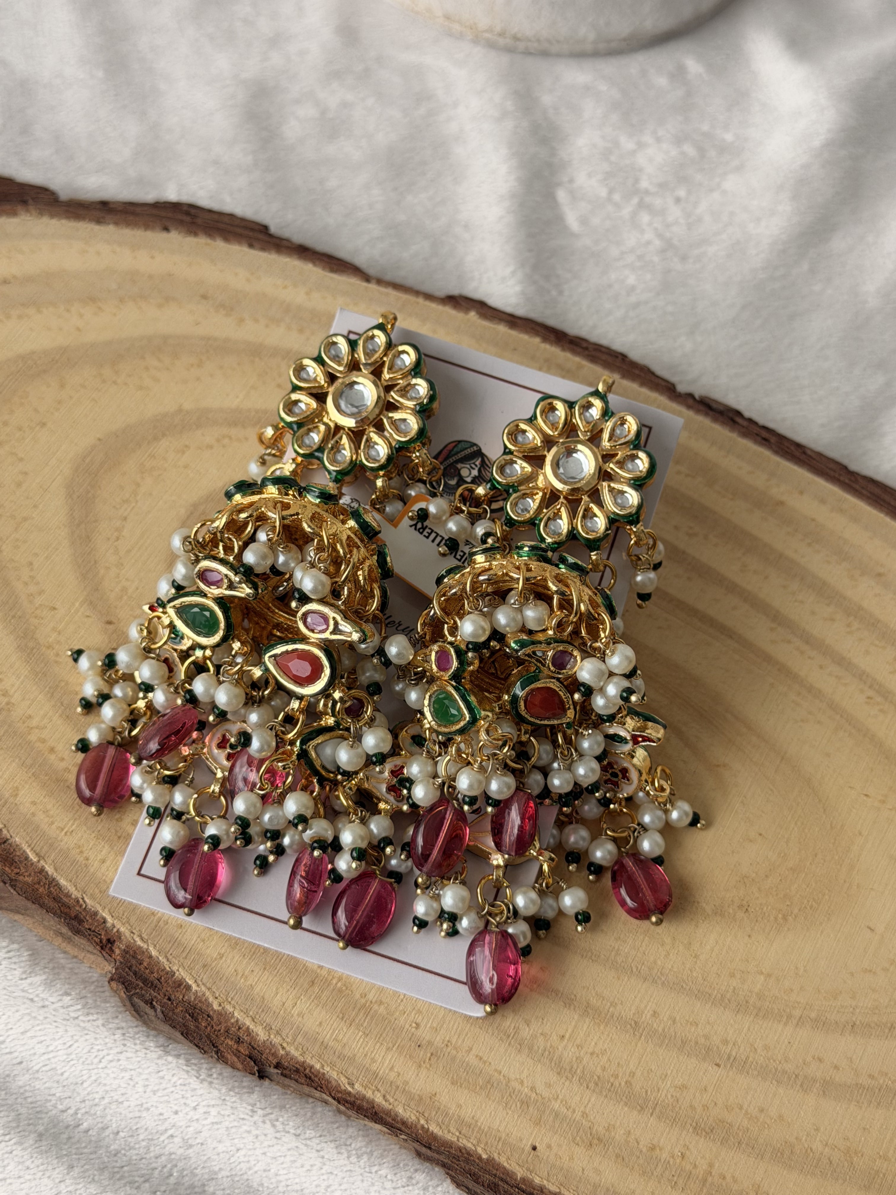 Gold Pearl  Ruby Jhumka Earrings