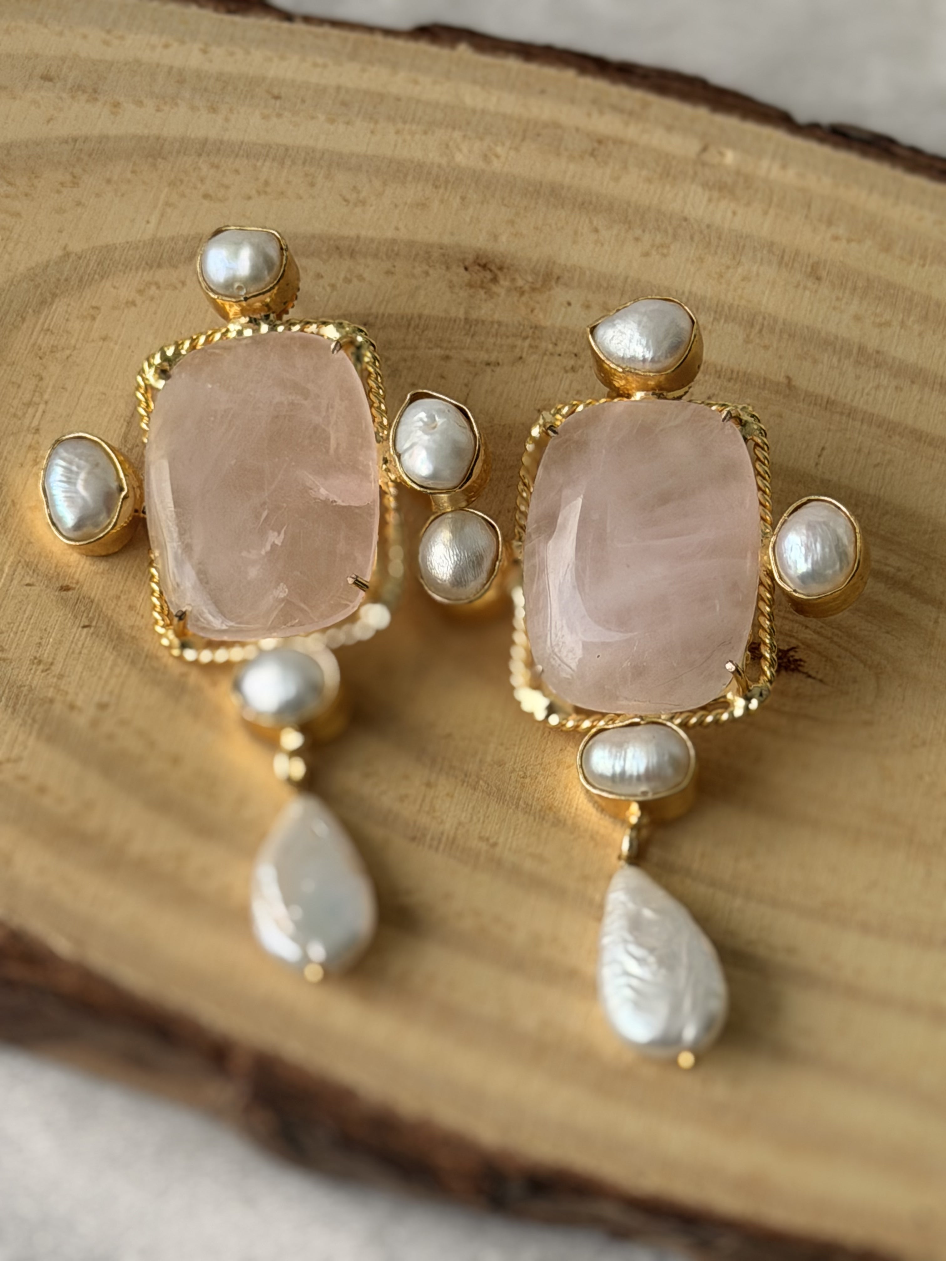 Gold Rose Quartz  Pearl Drop Earrings