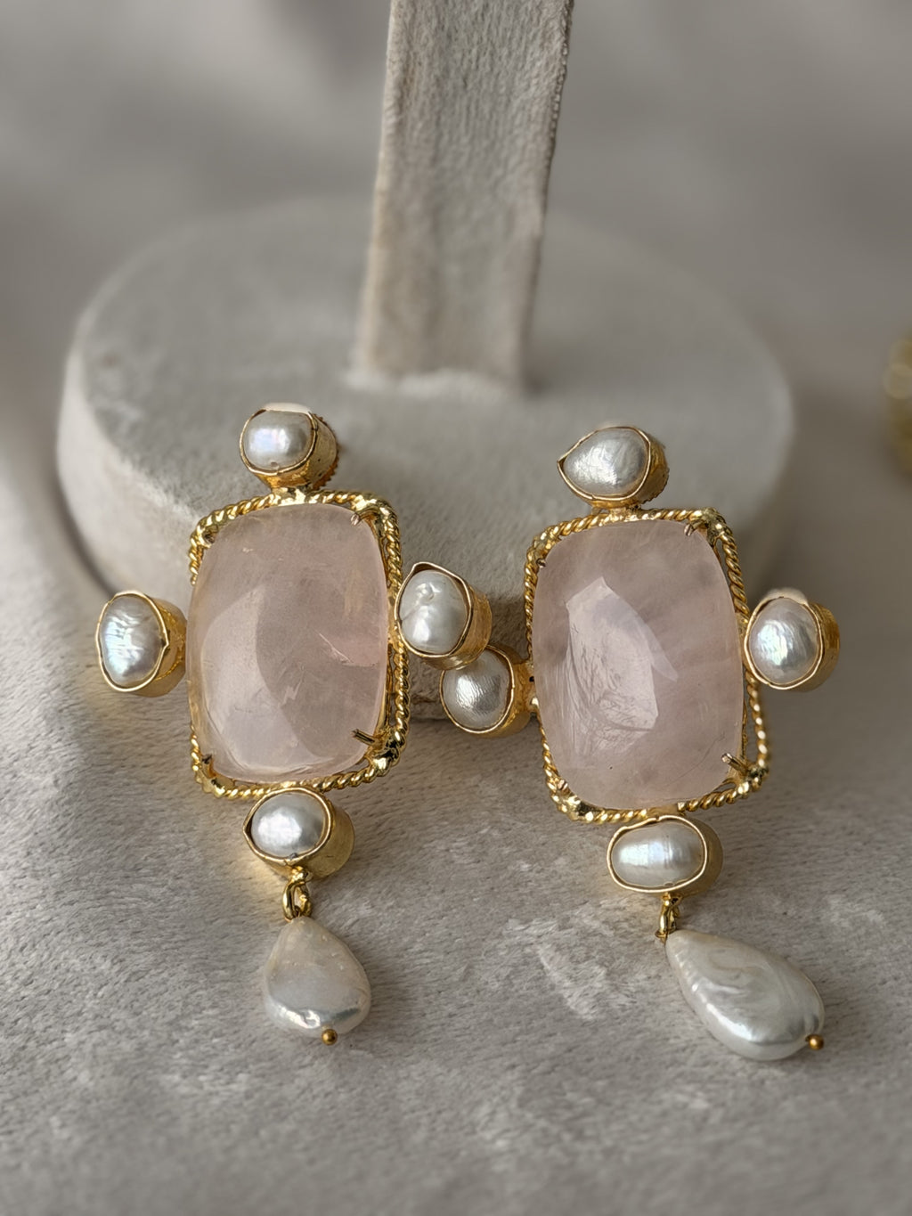 Gold Rose Quartz  Pearl Drop Earrings