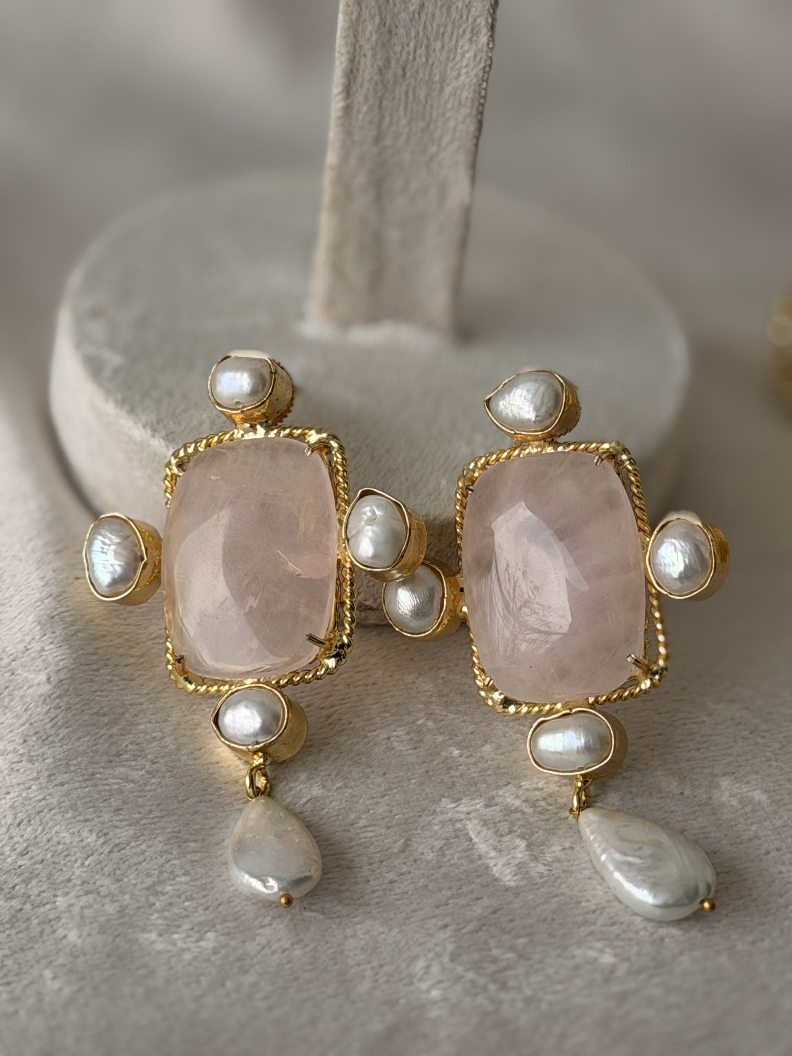 Gold Rose Quartz  Pearl Drop Earrings