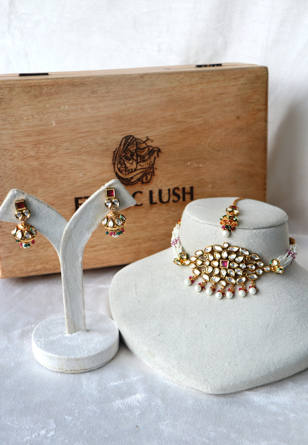 Gold Ruby Pearl Jhumka Necklace Set