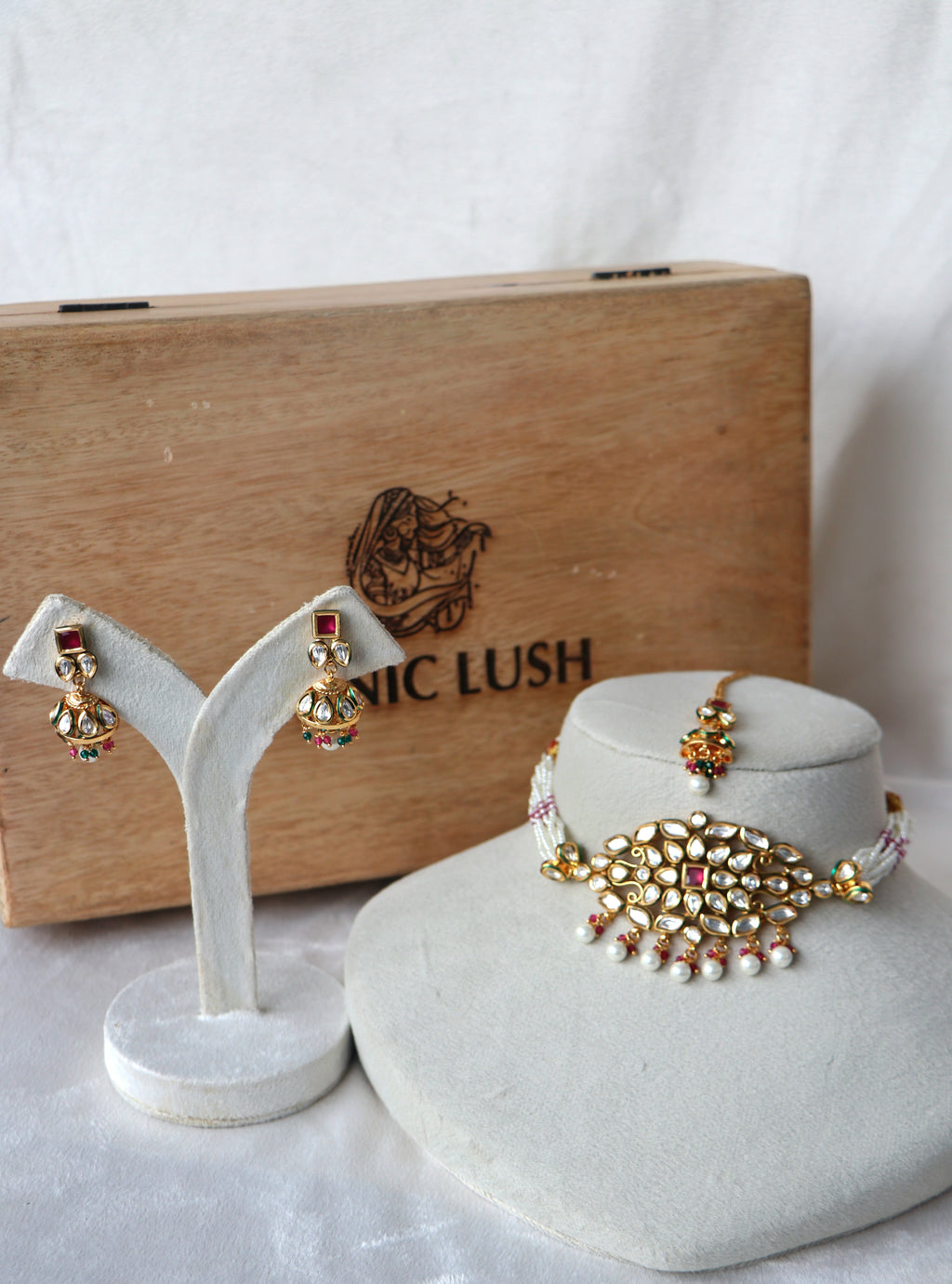 Gold Ruby Pearl Jhumka Necklace Set