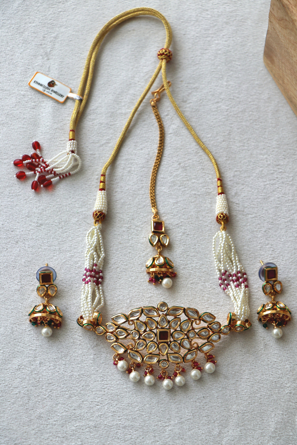 Gold Ruby Pearl Jhumka Necklace Set