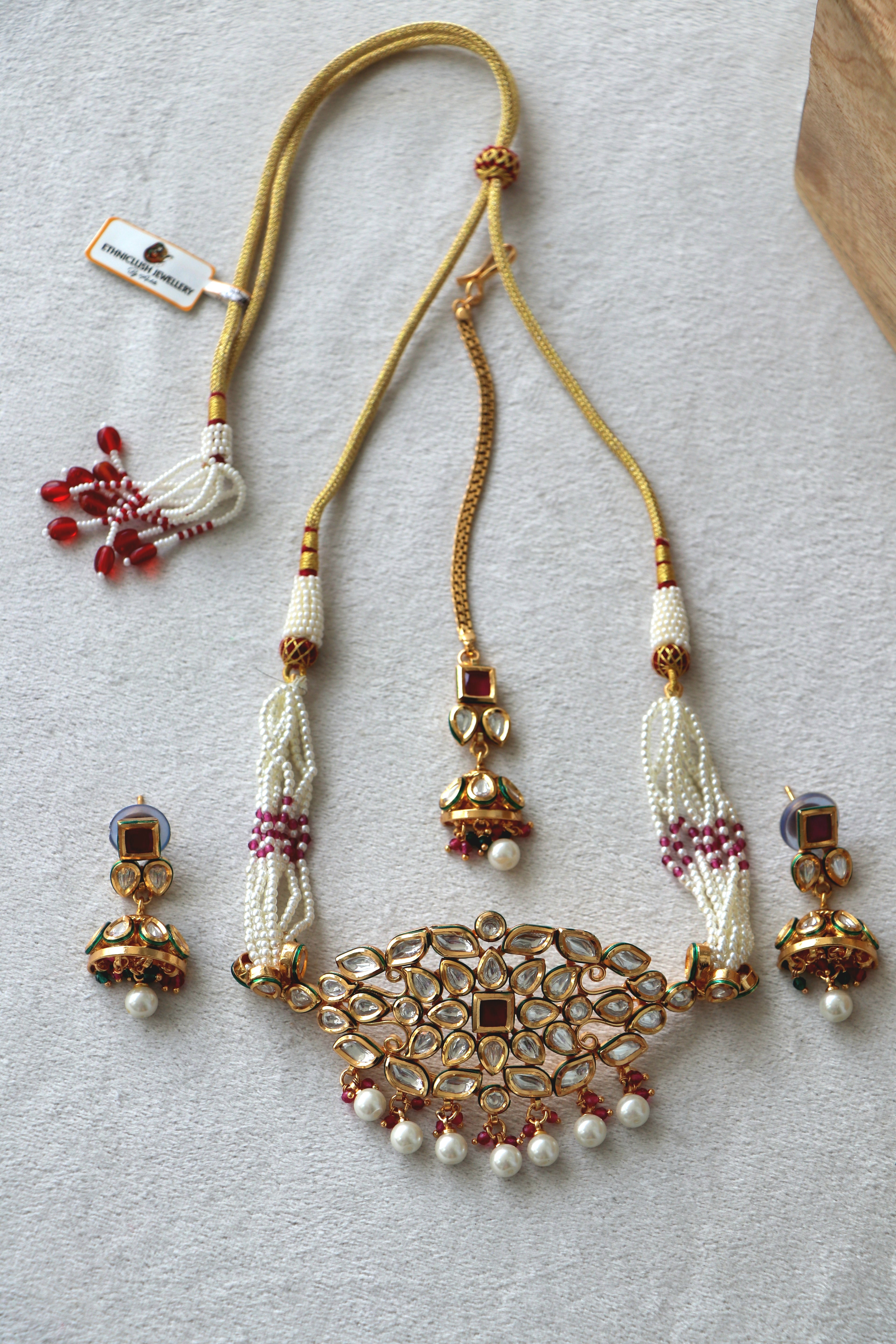 Gold Ruby Pearl Jhumka Necklace Set