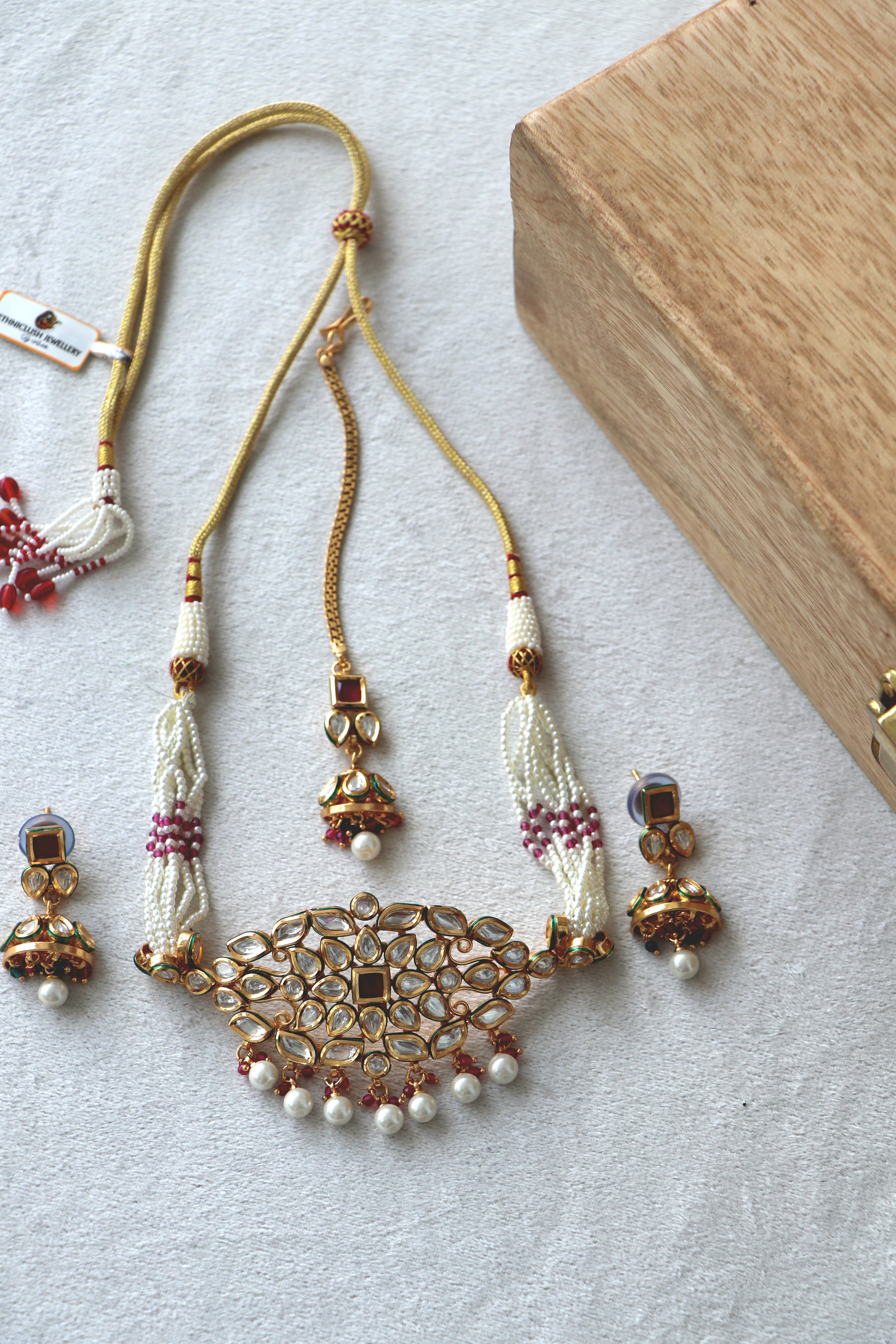 Gold Ruby Pearl Jhumka Necklace Set