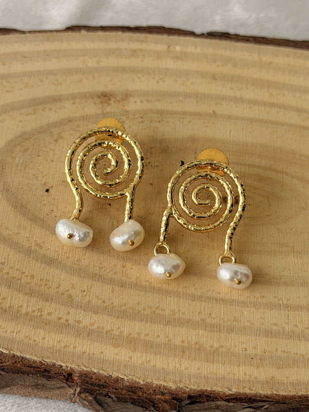 Gold Spiral Pearl Drop Earrings