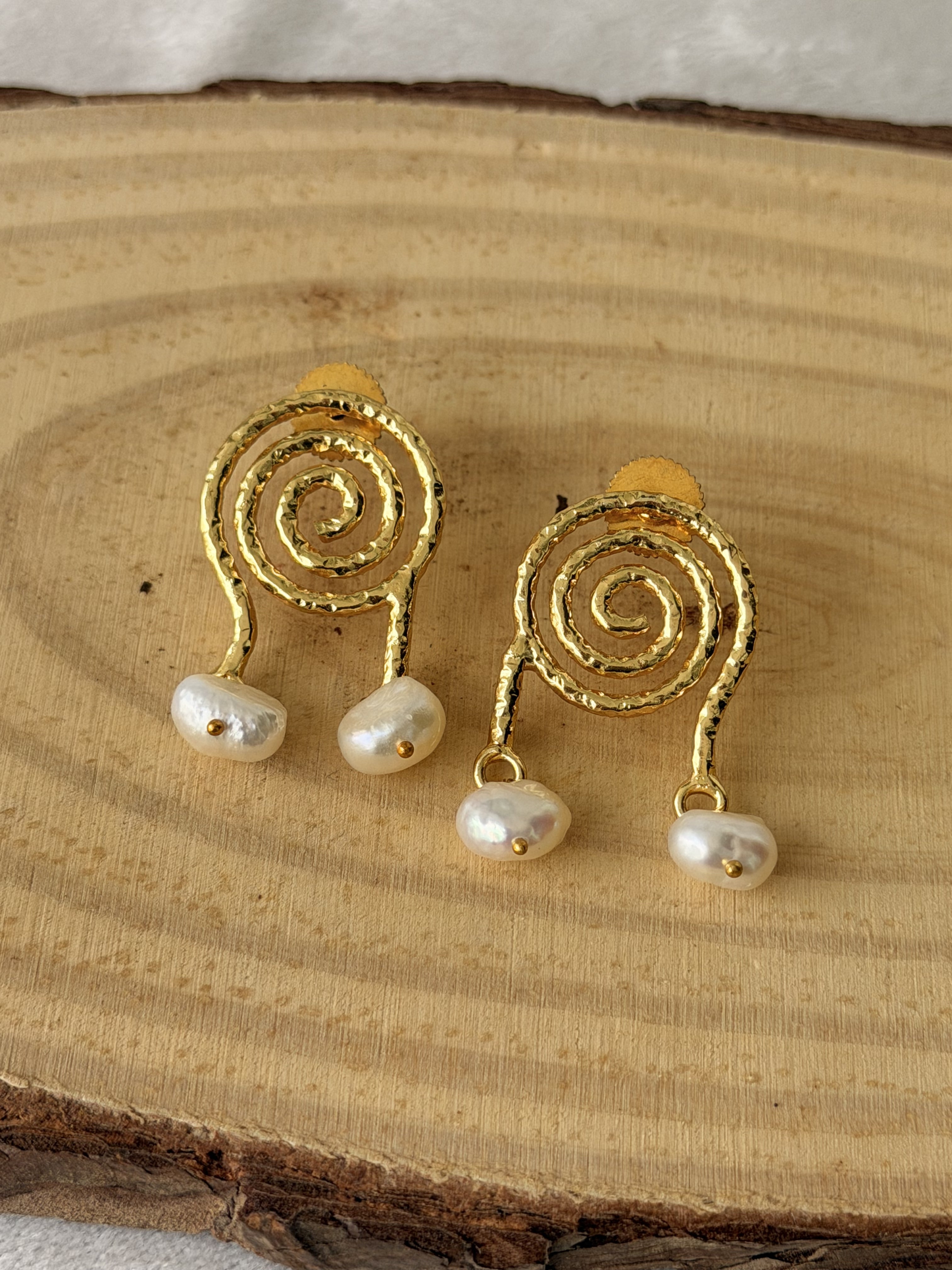 Gold Spiral Pearl Drop Earrings