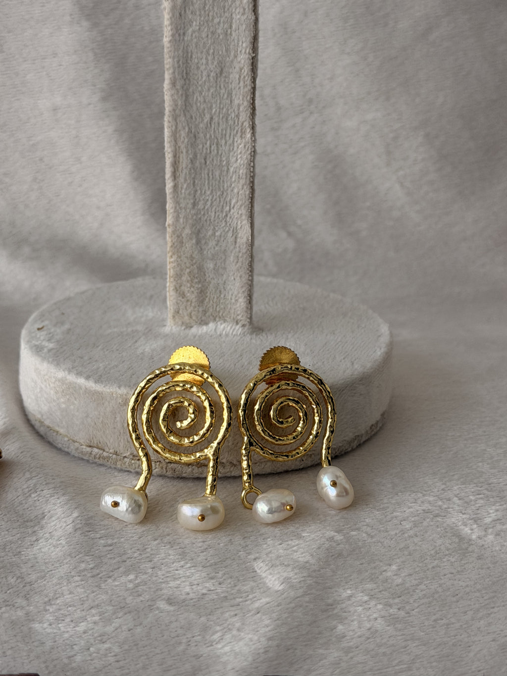 Gold Spiral Pearl Drop Earrings