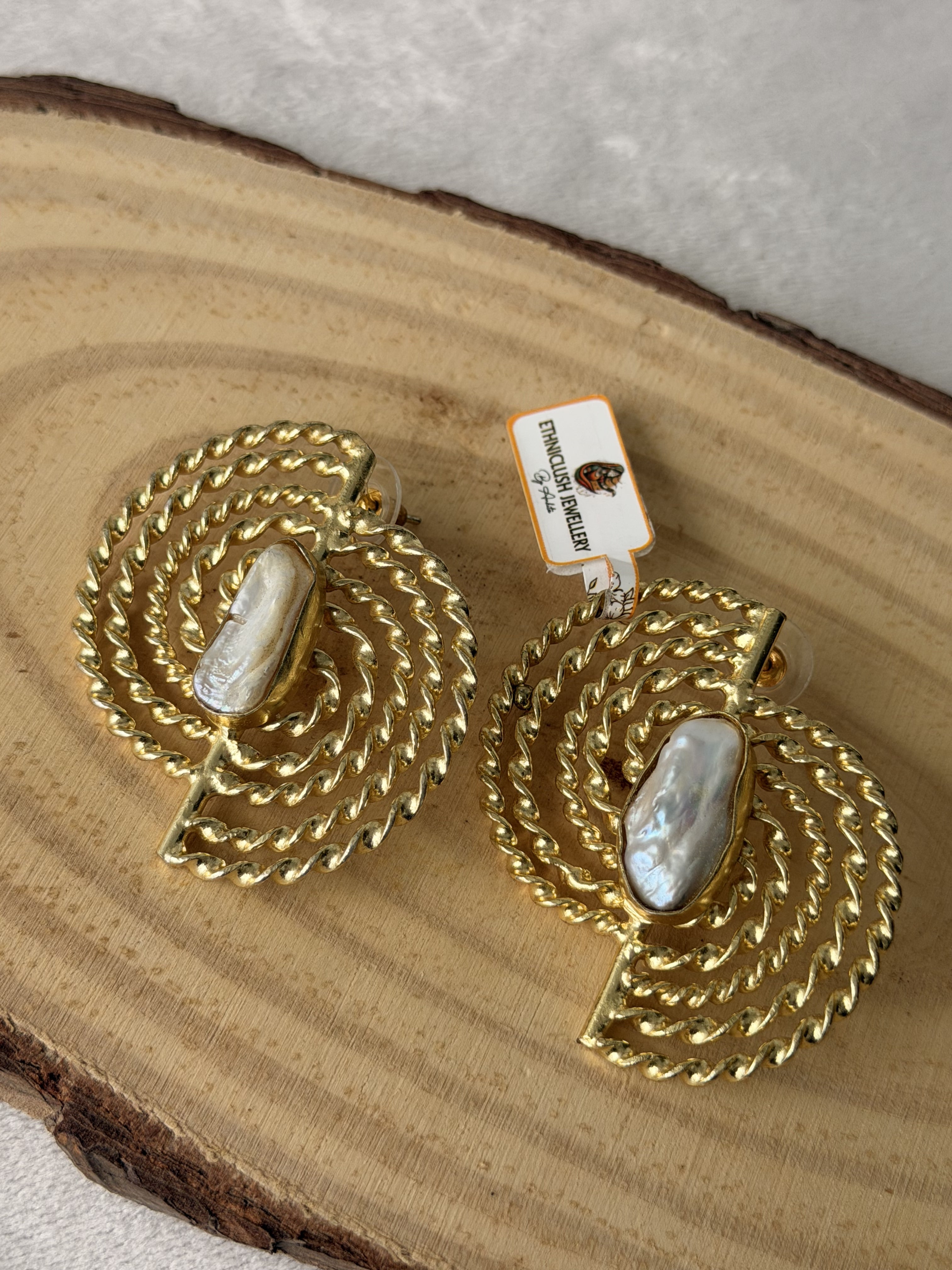 Gold Twisted Rope Baroque Pearl Earrings