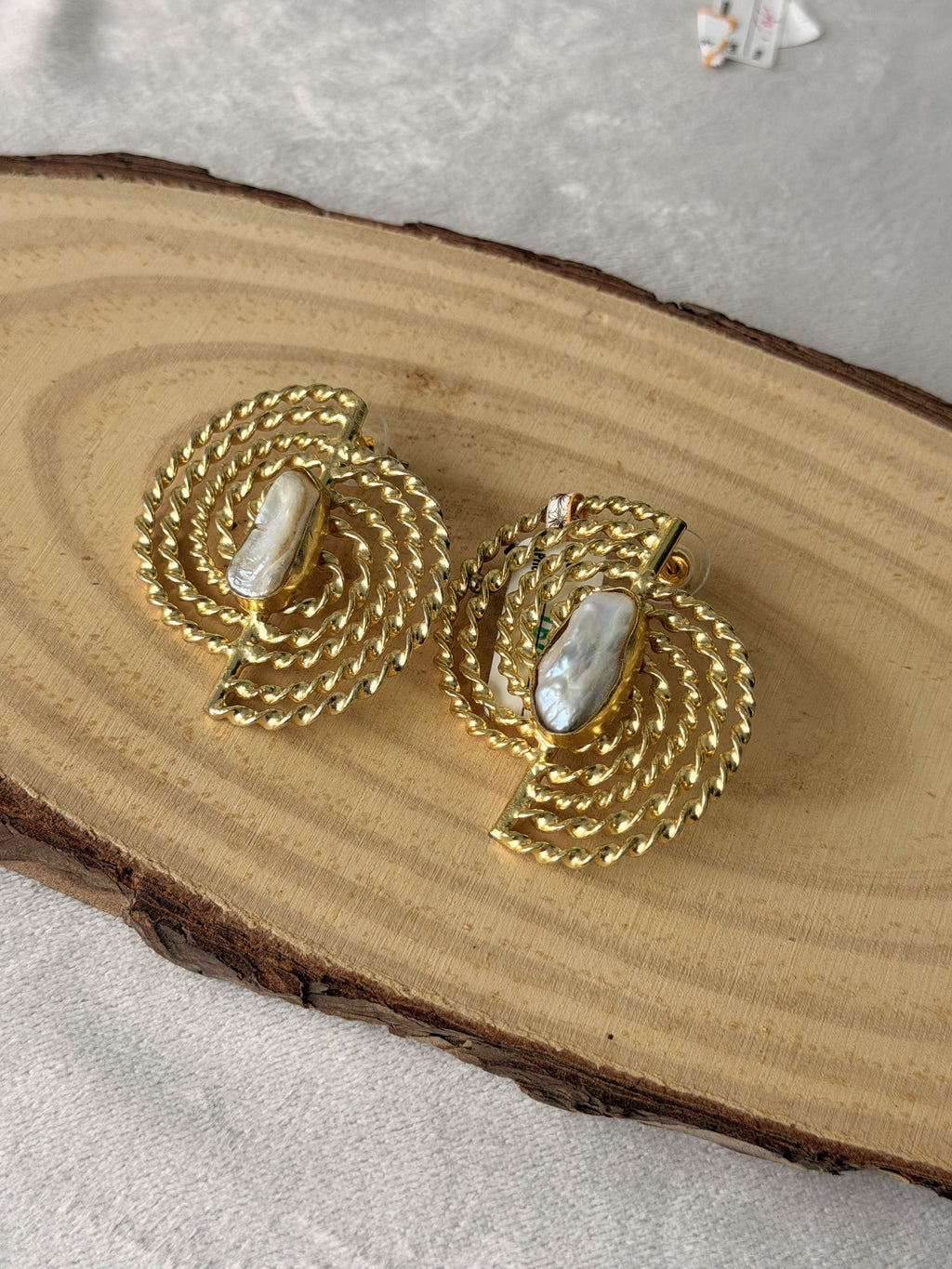 Gold Twisted Rope Baroque Pearl Earrings