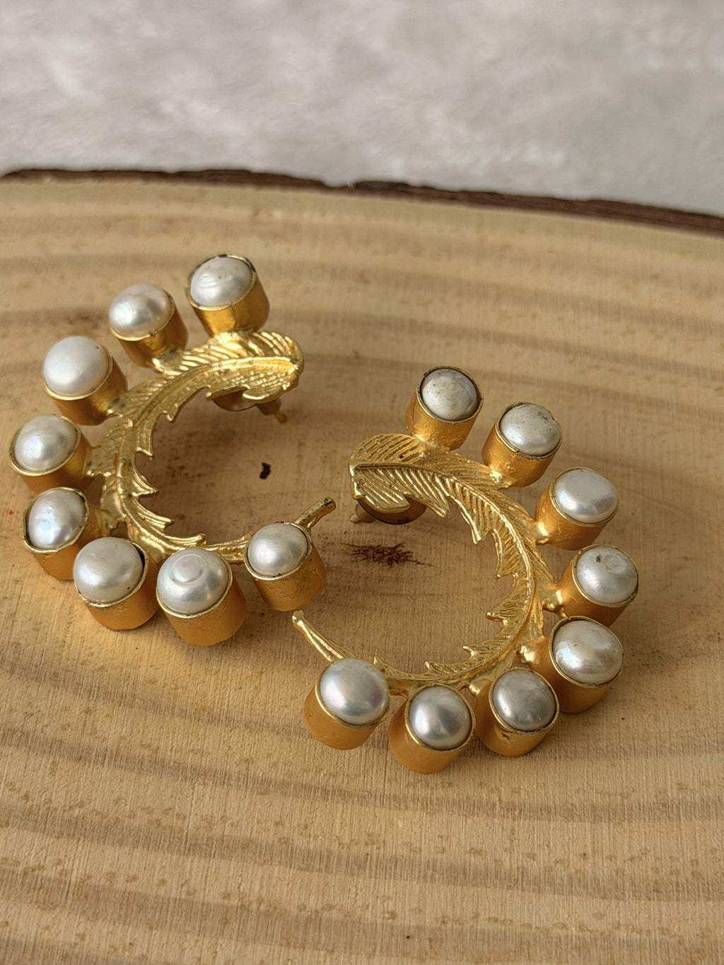 Golden Pearl Feather Stud Earrings