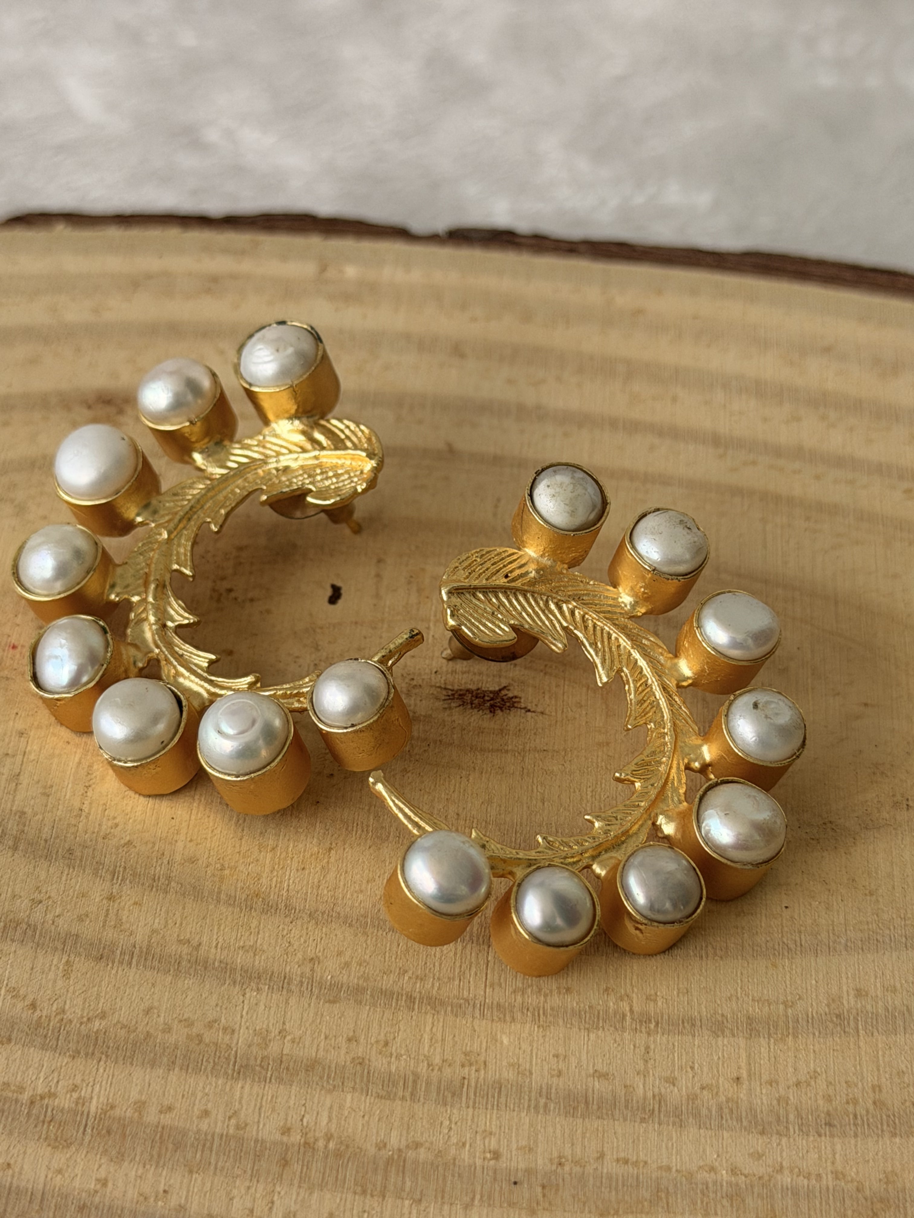 Golden Pearl Feather Stud Earrings