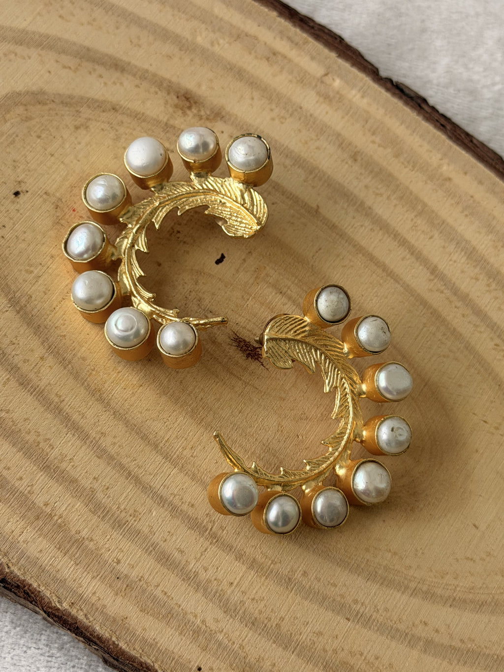 Golden Pearl Feather Stud Earrings