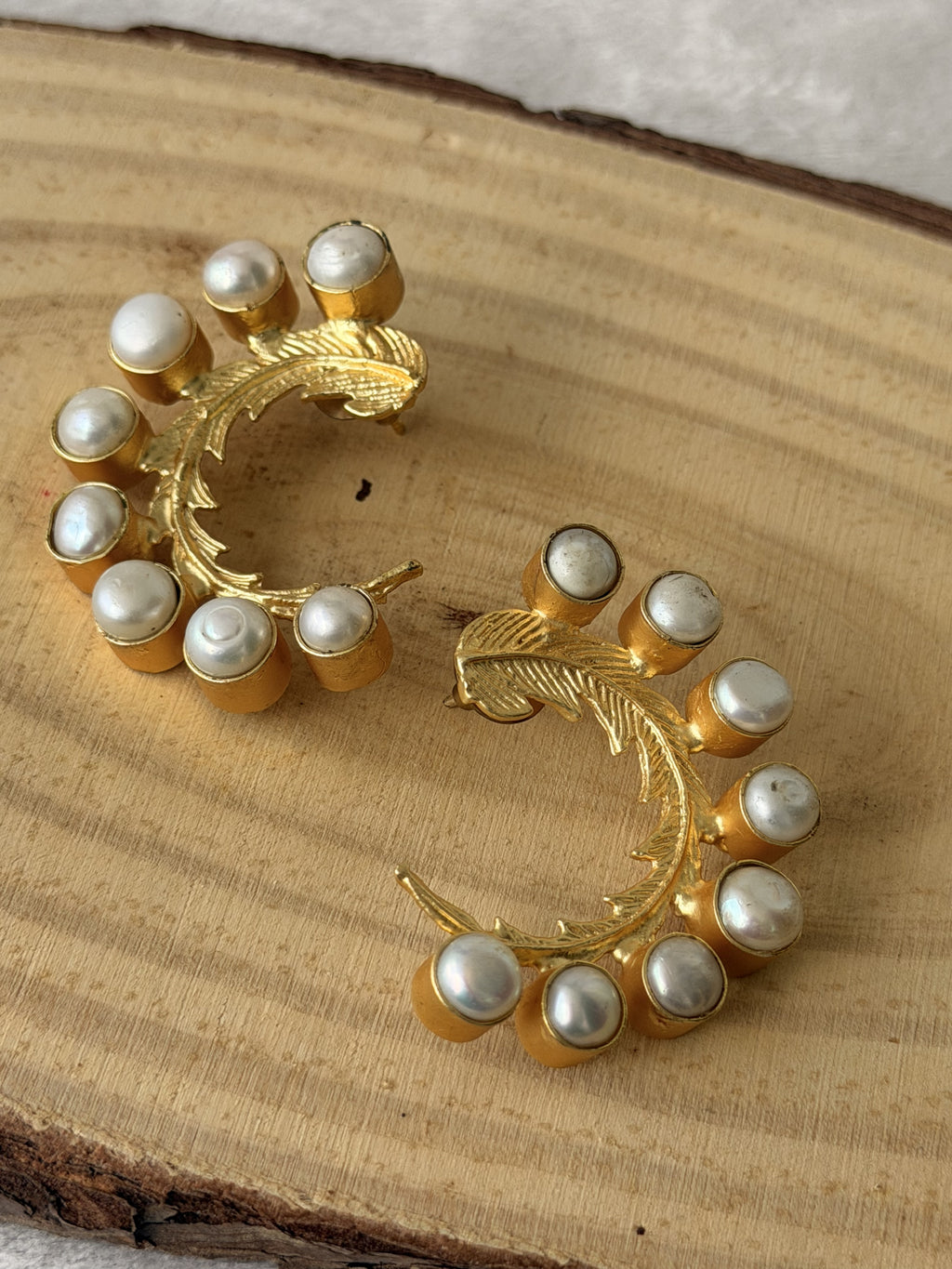 Golden Pearl Feather Stud Earrings