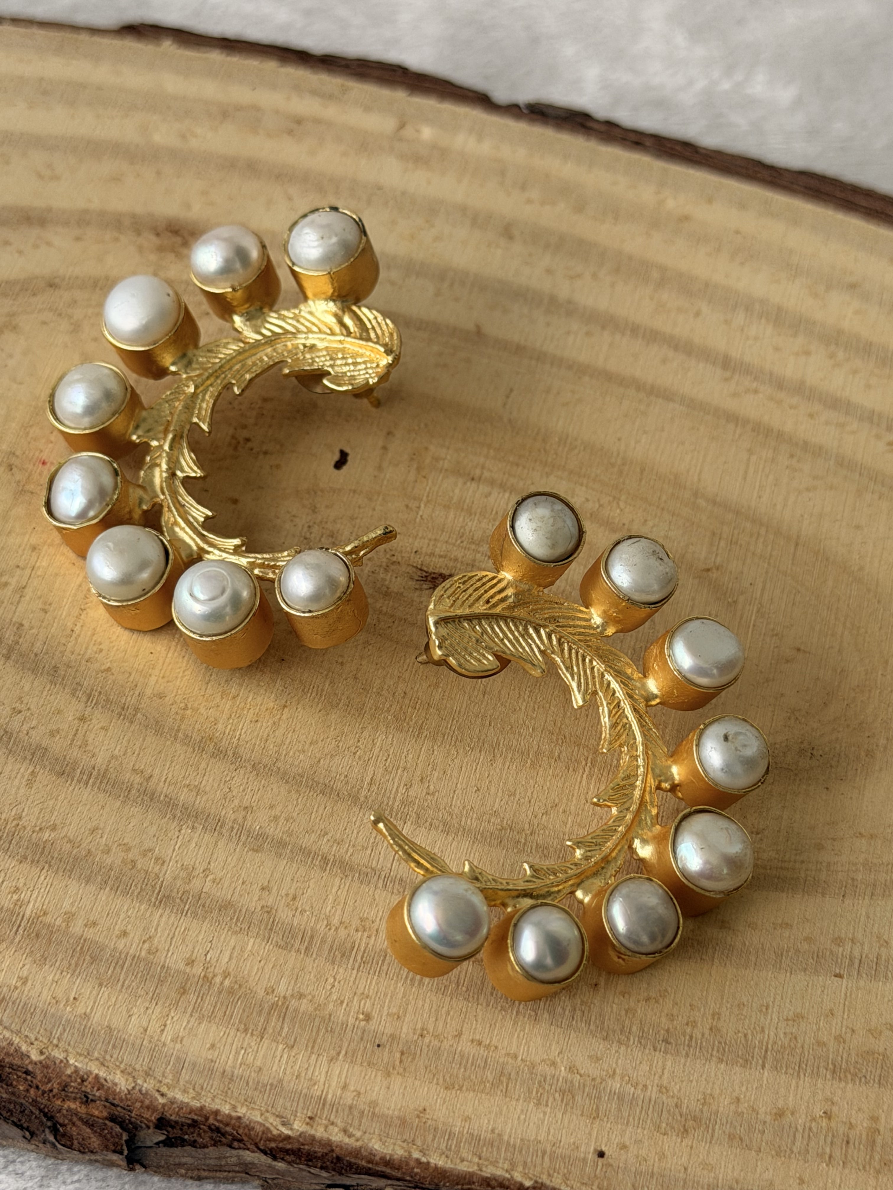 Golden Pearl Feather Stud Earrings