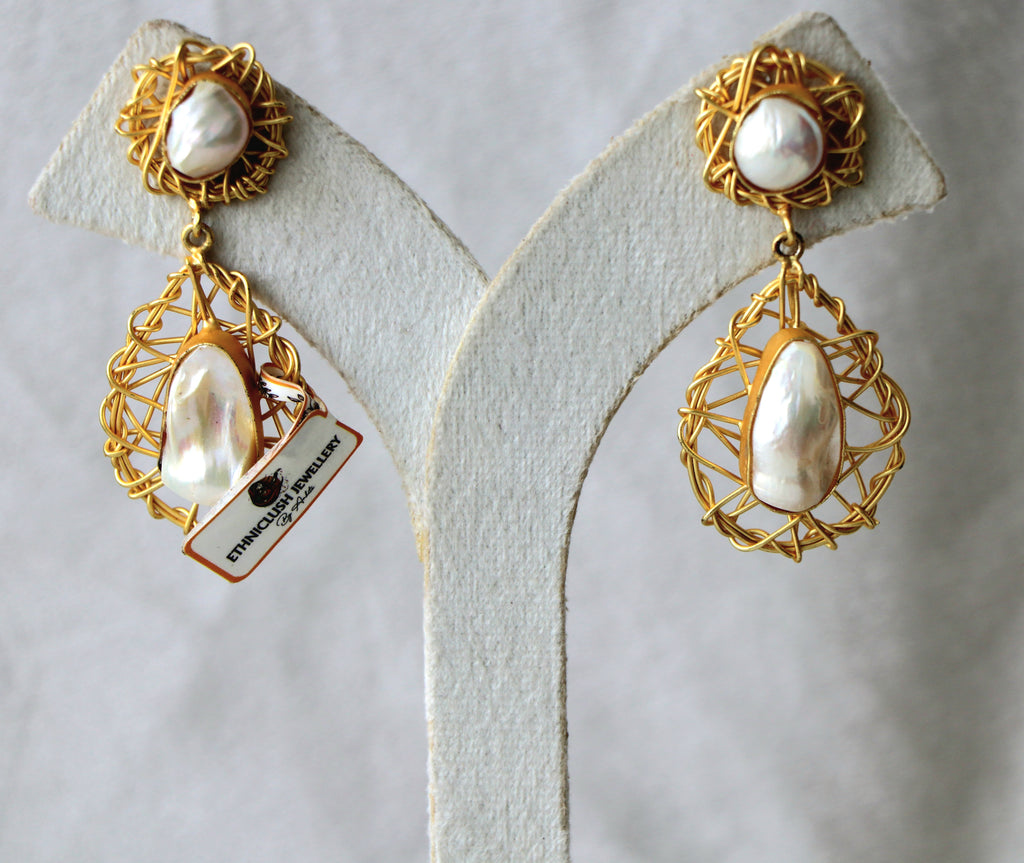 Golden Pearl Lattice Statement Earrings
