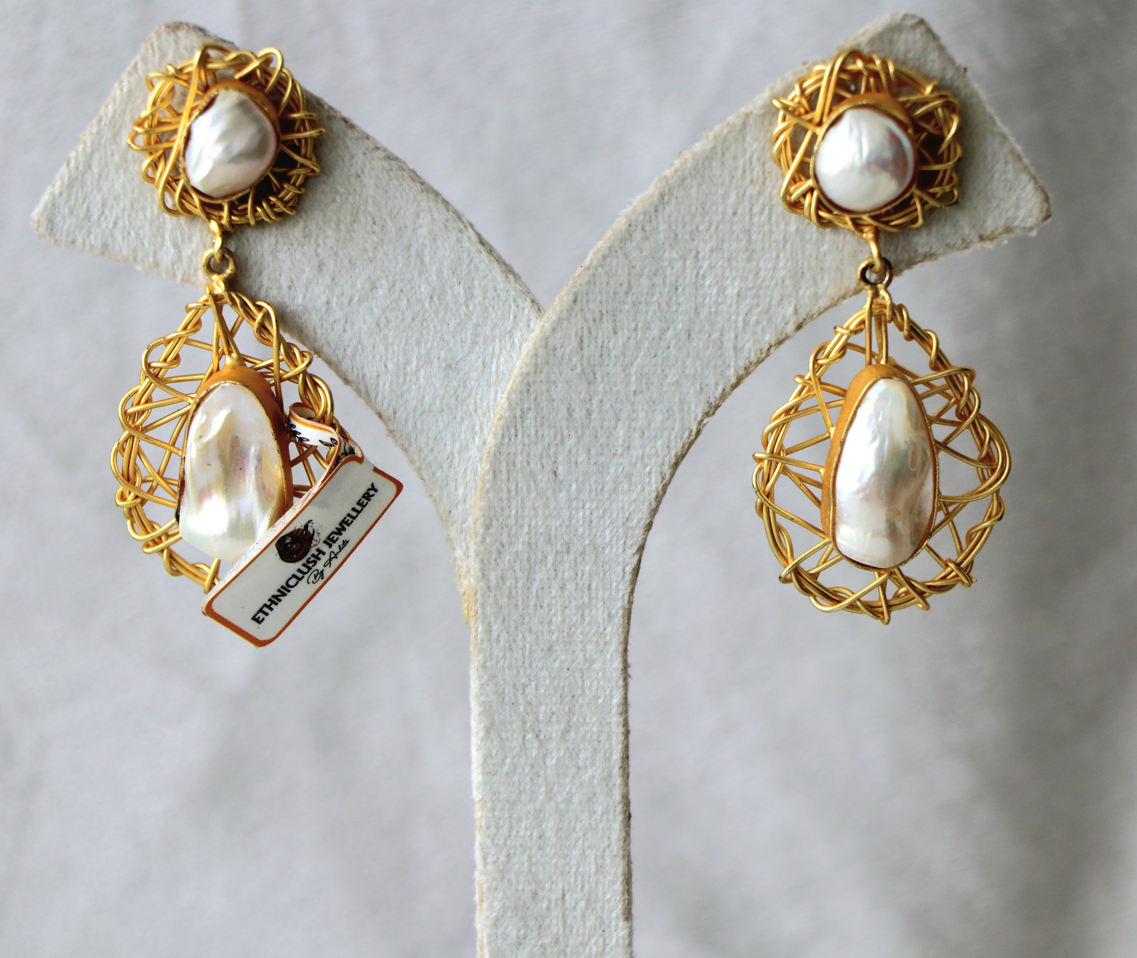 Golden Pearl Lattice Statement Earrings