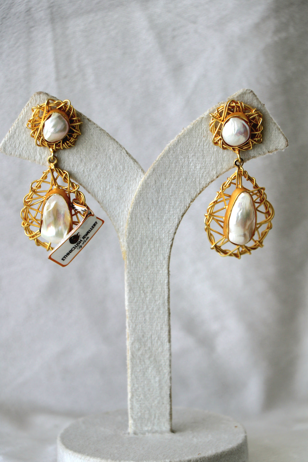 Golden Pearl Lattice Statement Earrings