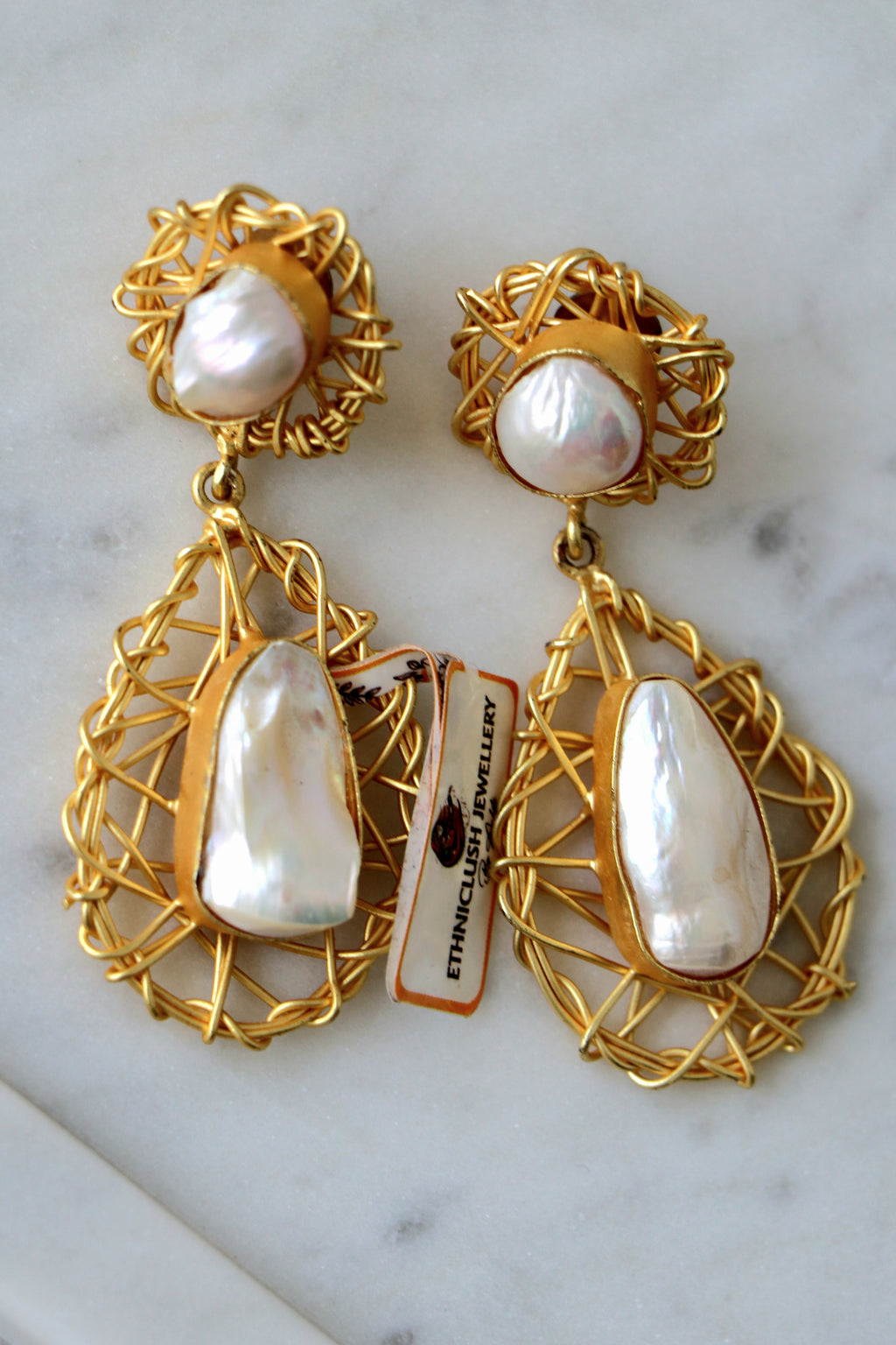 Golden Pearl Lattice Statement Earrings